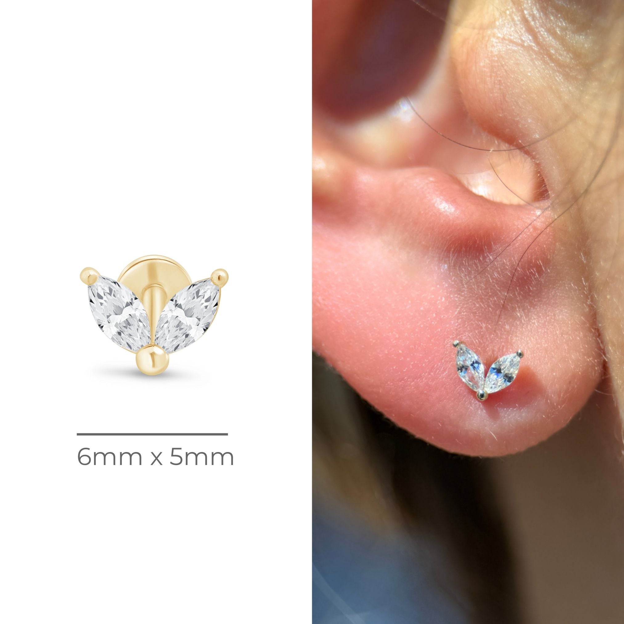 14K Yellow Gold Cubic Zirconia Double Marquise Stud Earrings - Flat Back for Sensitive Ears | Perfect for Weddings, Parties & Everyday Elegance