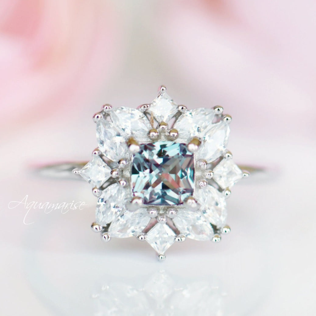 Alexandrite Ring for Women - Sterling Silver 925 Magnolia Flower Design, Adjustable Size for Engagement, Anniversary & Gift Giving