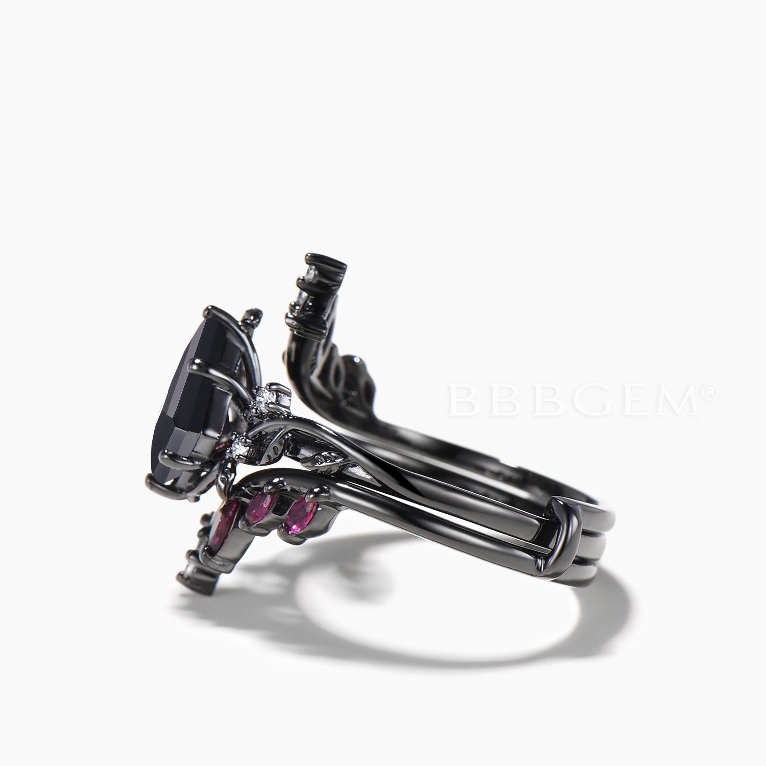 Natural Black Onyx and Ruby Engagement Ring Set with Twig Leaf Design in Black Gold - Perfect for Weddings, Anniversaries, and Romantic Gifts