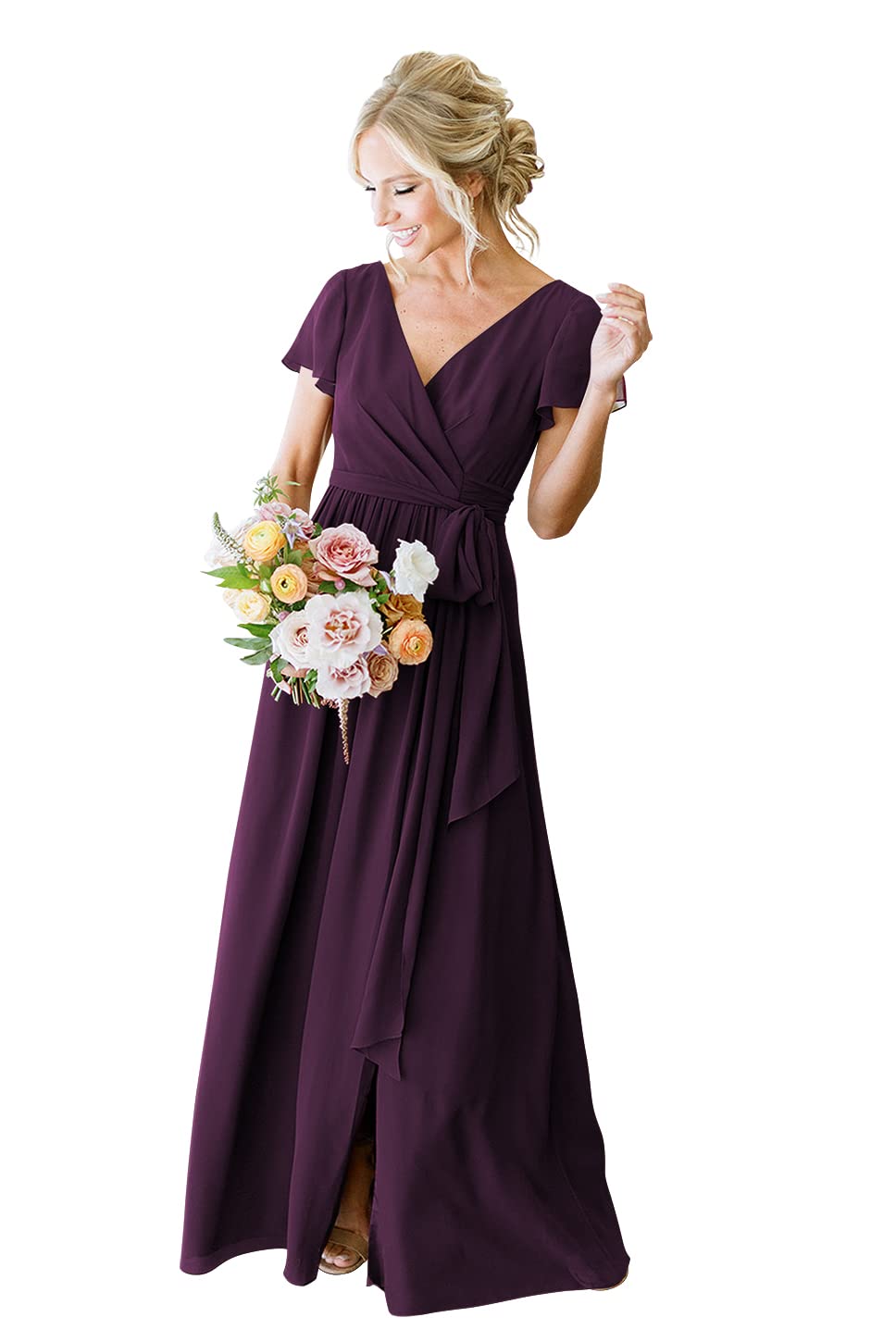 YMSHA Women's Short Sleeve V-Neck Chiffon Bridesmaid Dress with High Slit - Elegant Formal Evening Gown for Weddings, Parties & Special Occasions