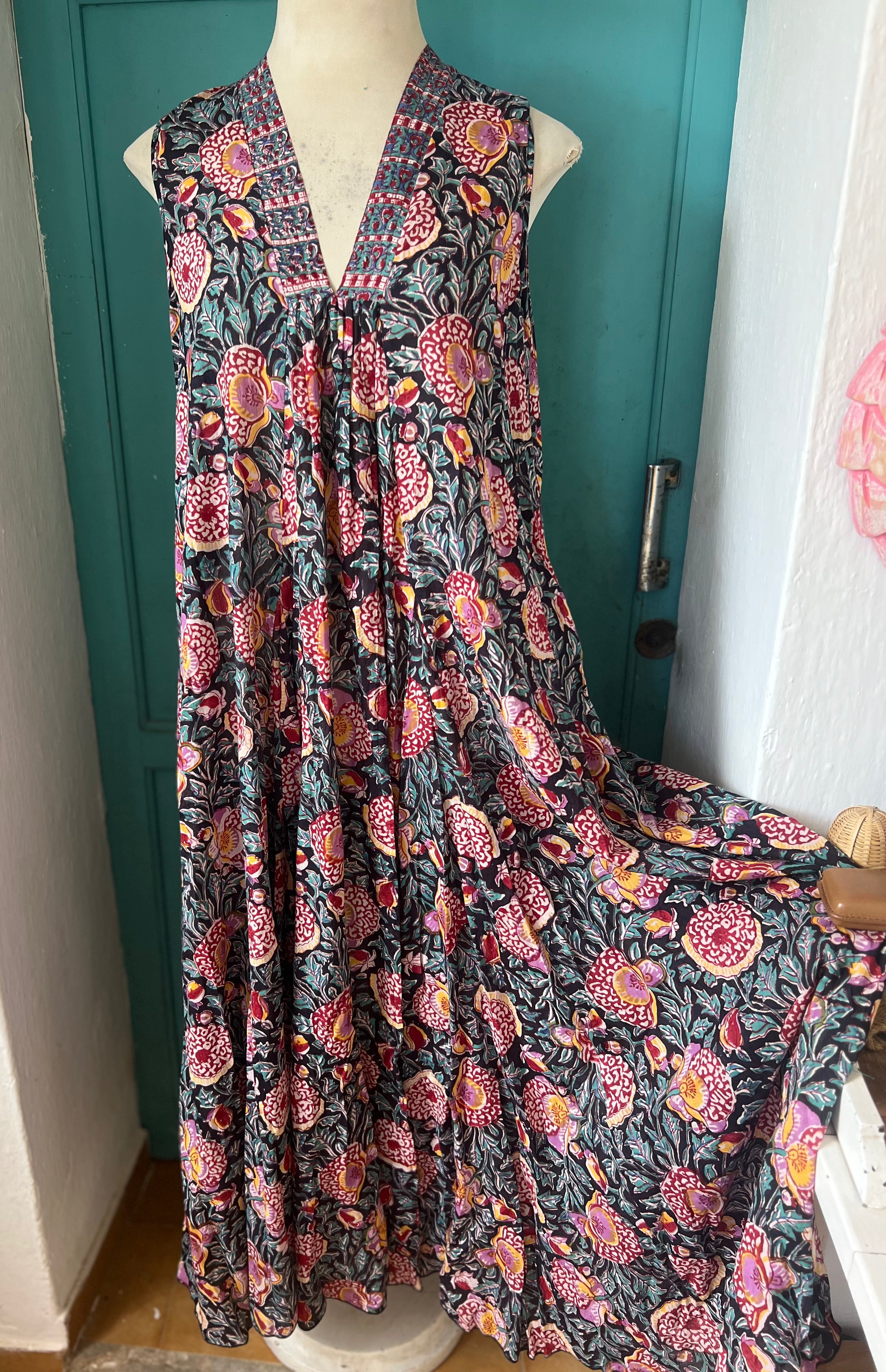 Boho Sleeveless Maxi Dress - Black & Pink Floral Print | Summer Beach Wedding, Vacation, Party Outfit