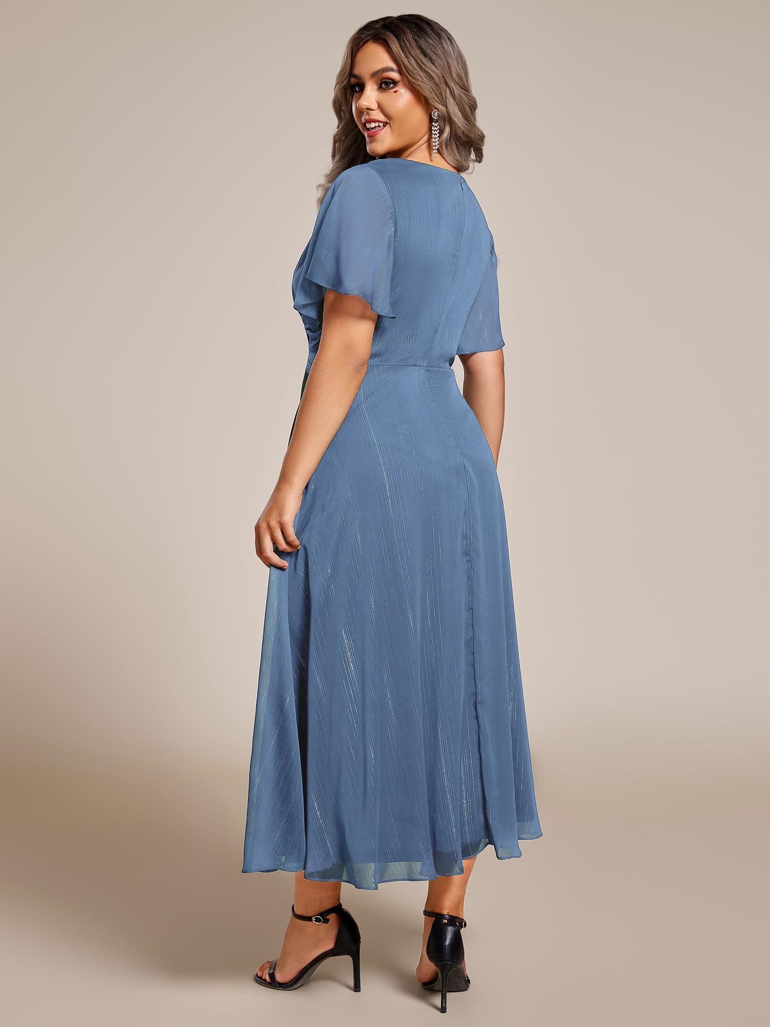 Ever-Pretty Plus Size Women's V-Neck Pleated A-Line Midi Dress with Short Sleeves - Semi-Formal Party Dress for Weddings, Office Wear & Special Occasions (Style 02131-DA)