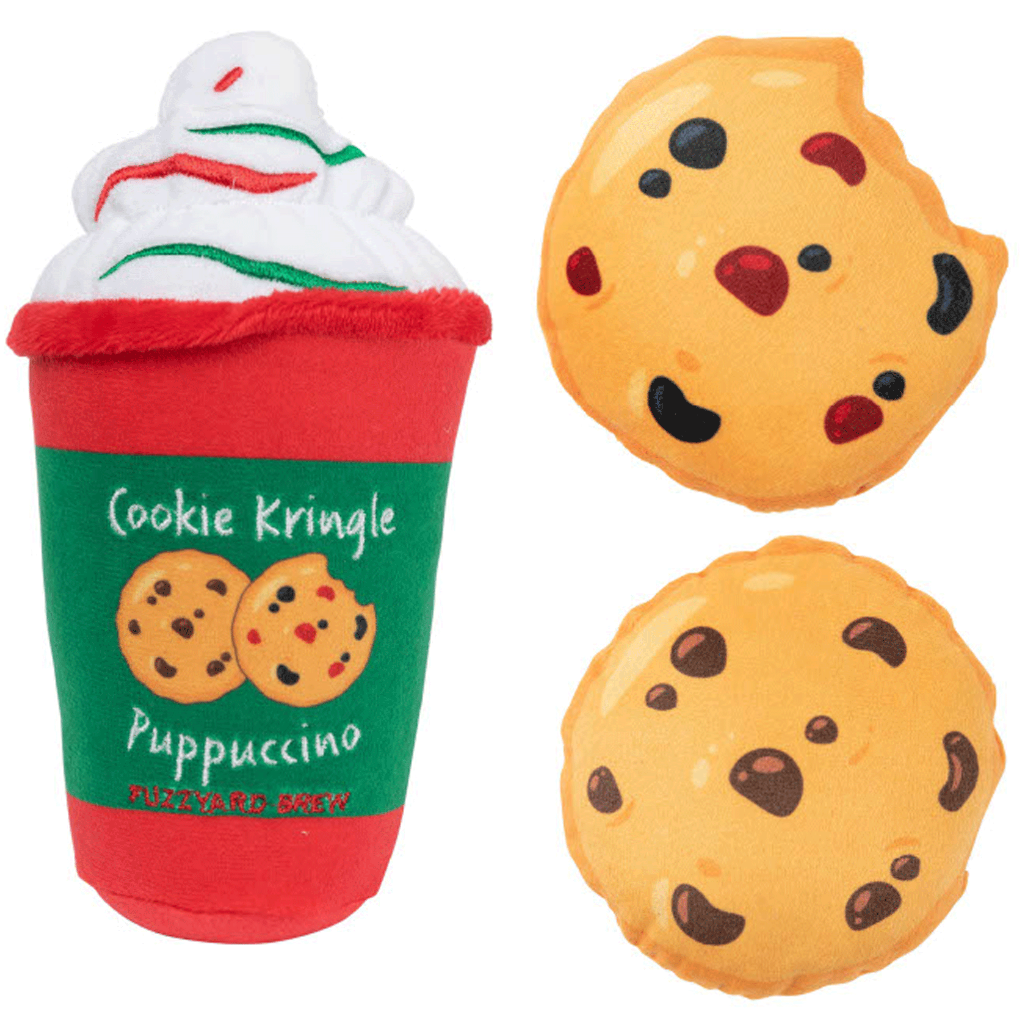 Fuzzyard Christmas Cookie Kringle Puppuccino & Cookies Dog Chew Toys - Red & Green Holiday Pet Toys for Small & Medium Dogs - Perfect for Christmas Gifts & Playtime Fun