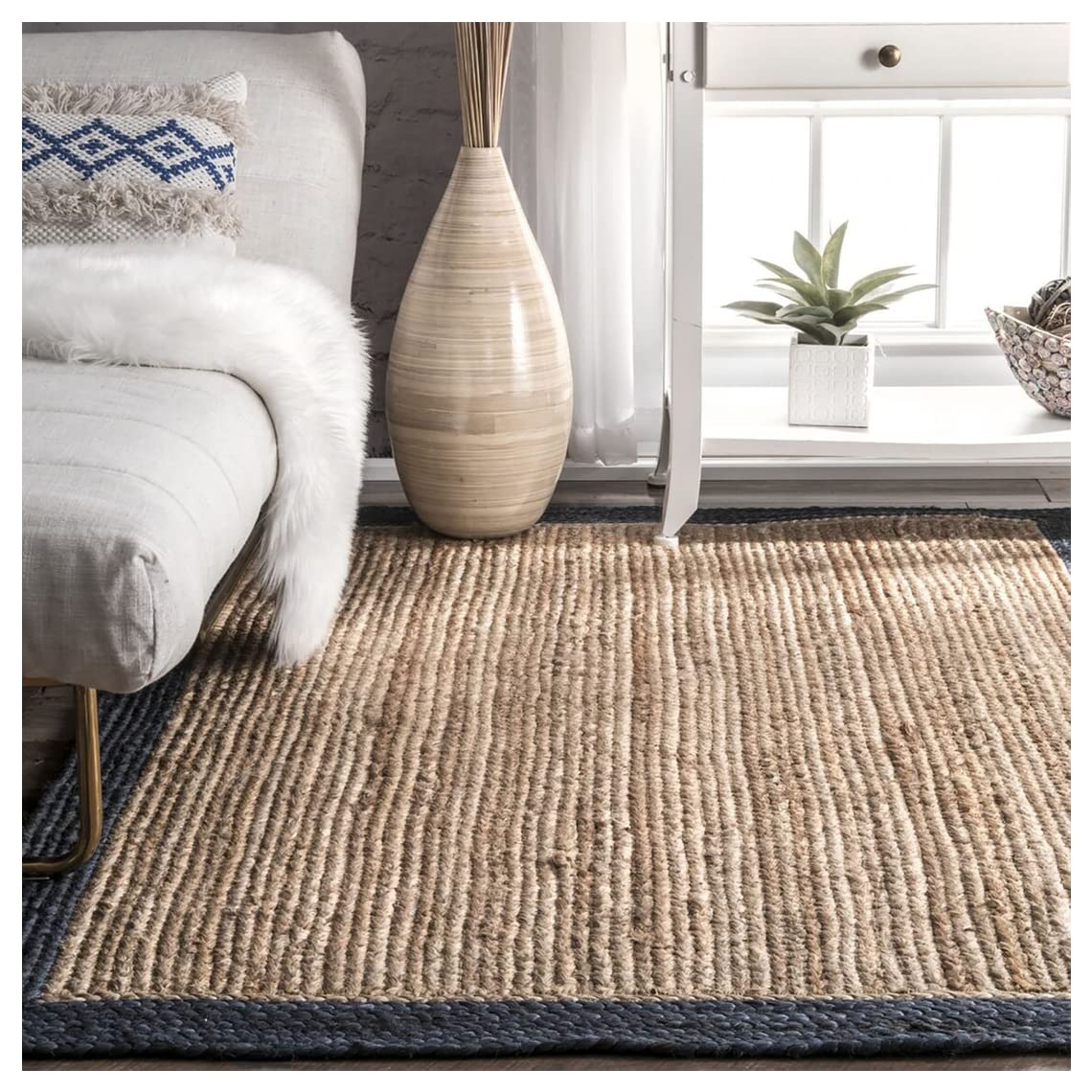 Handmade Solid Bordered Jute Rug - Natural Fiber Braided Area Rug 2'6
