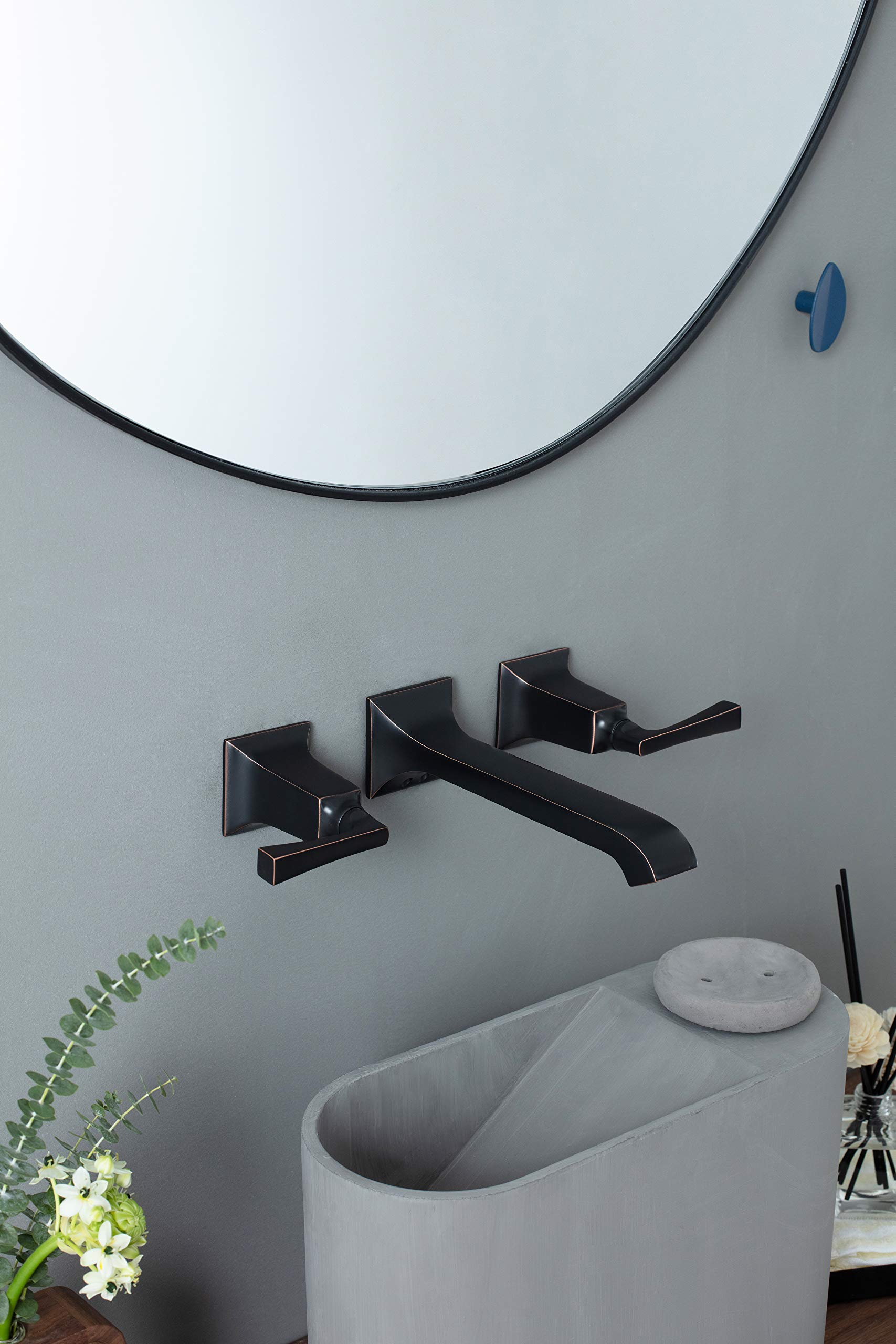 SITGES Heavy Duty Brass Wall Mount Bathroom Faucet with Metal Lever Handles - Oil Rubbed Bronze Finish - Includes Rough-in Valve | Perfect for Modern Bathrooms, Powder Rooms & Spa Retreats