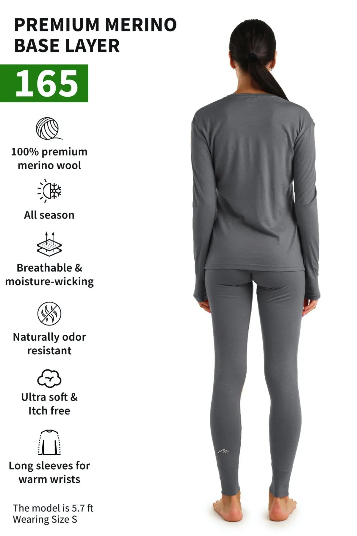 Women's Merino Wool Thermal Underwear Set - 165 Perfect Grey - Warm Base Layer for Winter, Hiking & Outdoor Activities