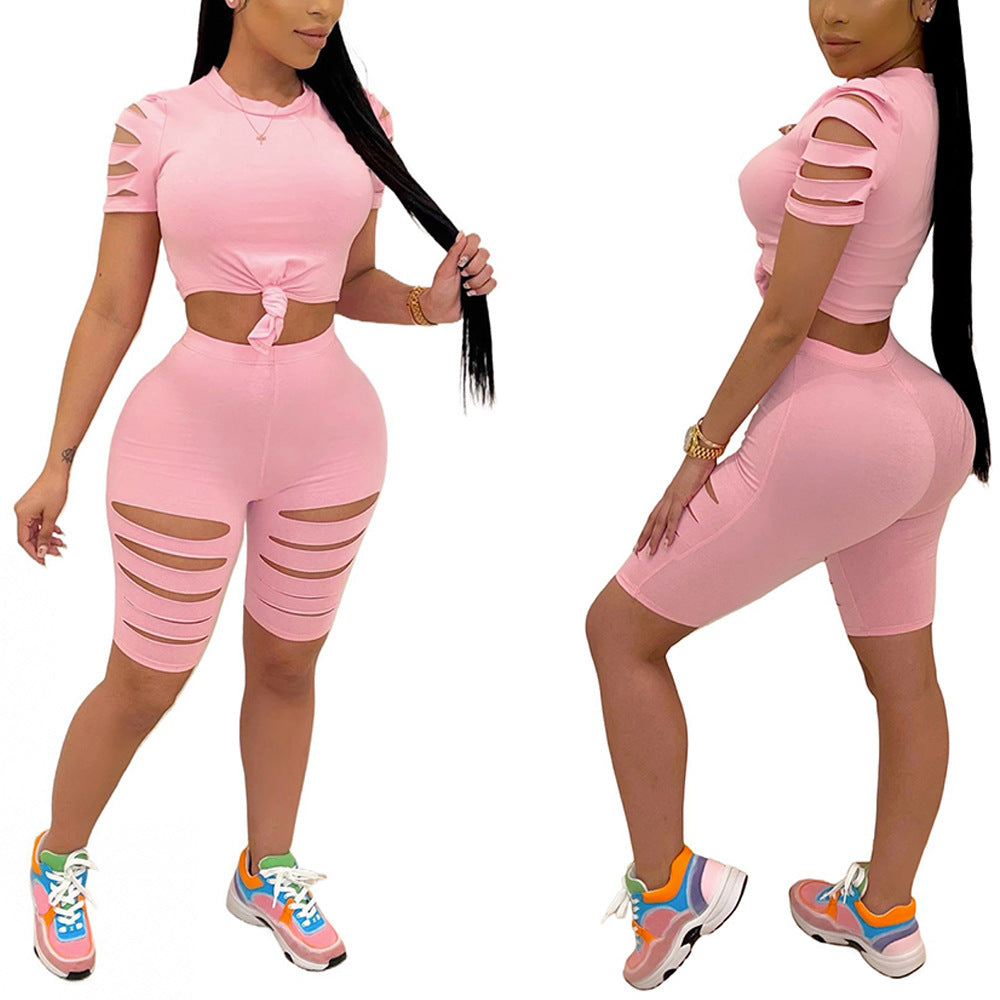 Trendy Casual Women's Sports Suit with Distressed Hole Design - Perfect for Gym, Yoga & Streetwear Fashion