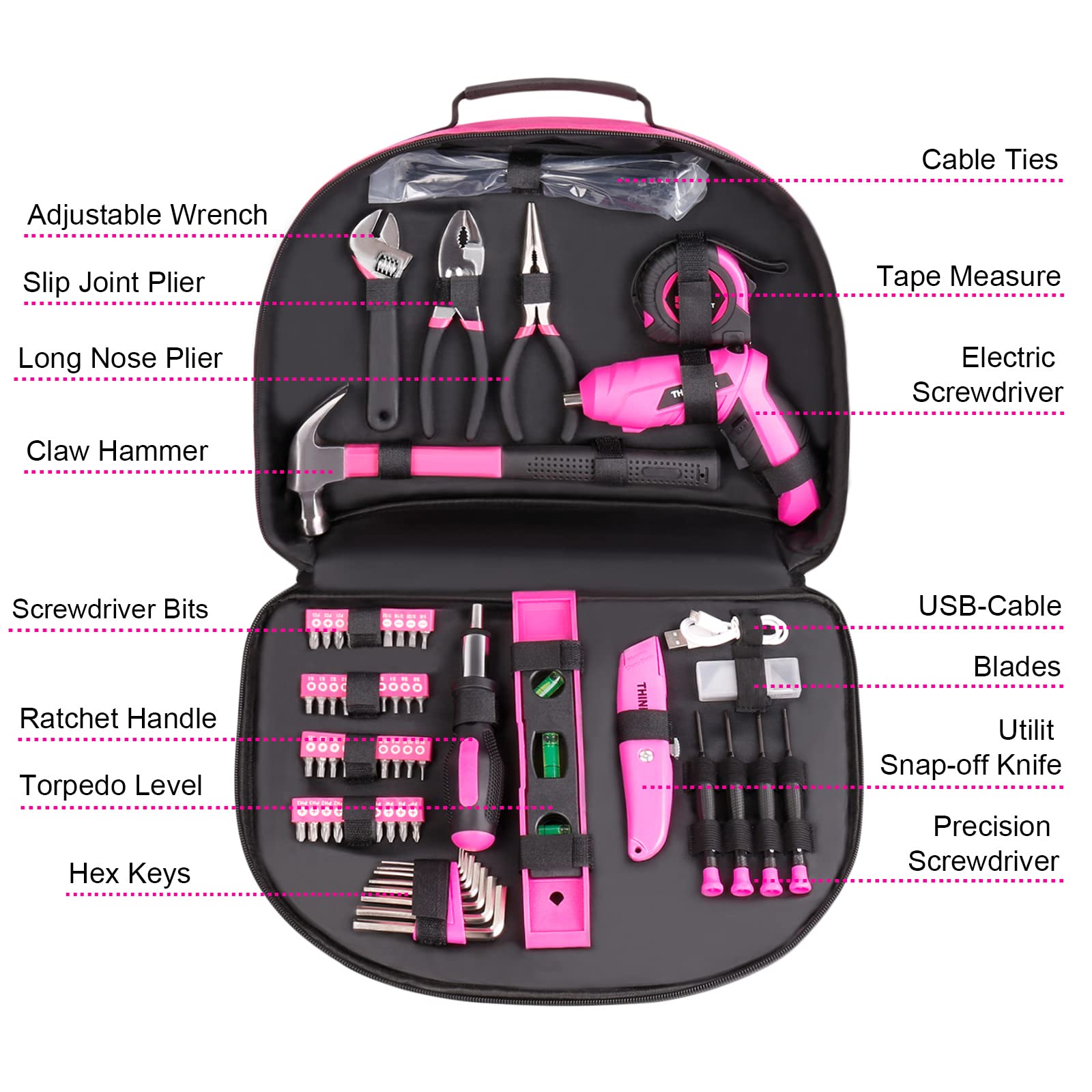 **THINKWORK 122-Piece Pink Tool Set with 3.6V Rotatable Electric Screwdriver – Home & DIY Tool Kit for Women, Portable Round Pouch, Perfect for Home Maintenance, Repairs, and Gift Giving**    *(Use Cases: Ideal for household repairs, DIY projects, car maintenance, and as a thoughtful gift for women who love handy tools.)*