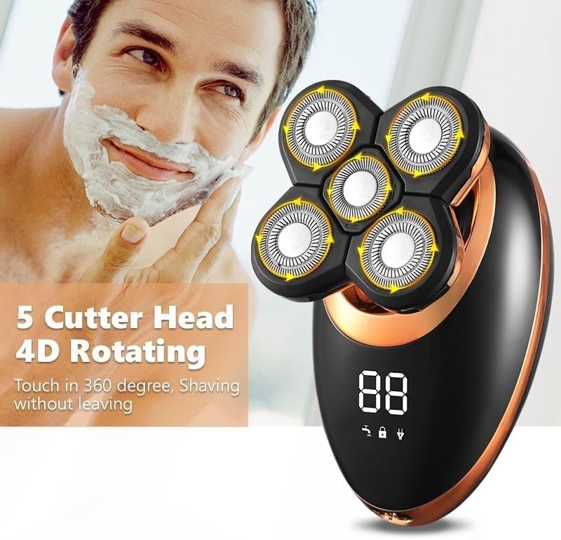 5-in-1 Electric Shaver for Men - 5D Floating Head Beard Trimmer & Nose Hair Clipper with LCD Display | Wet/Dry Cordless Shaving for Travel & Daily Grooming