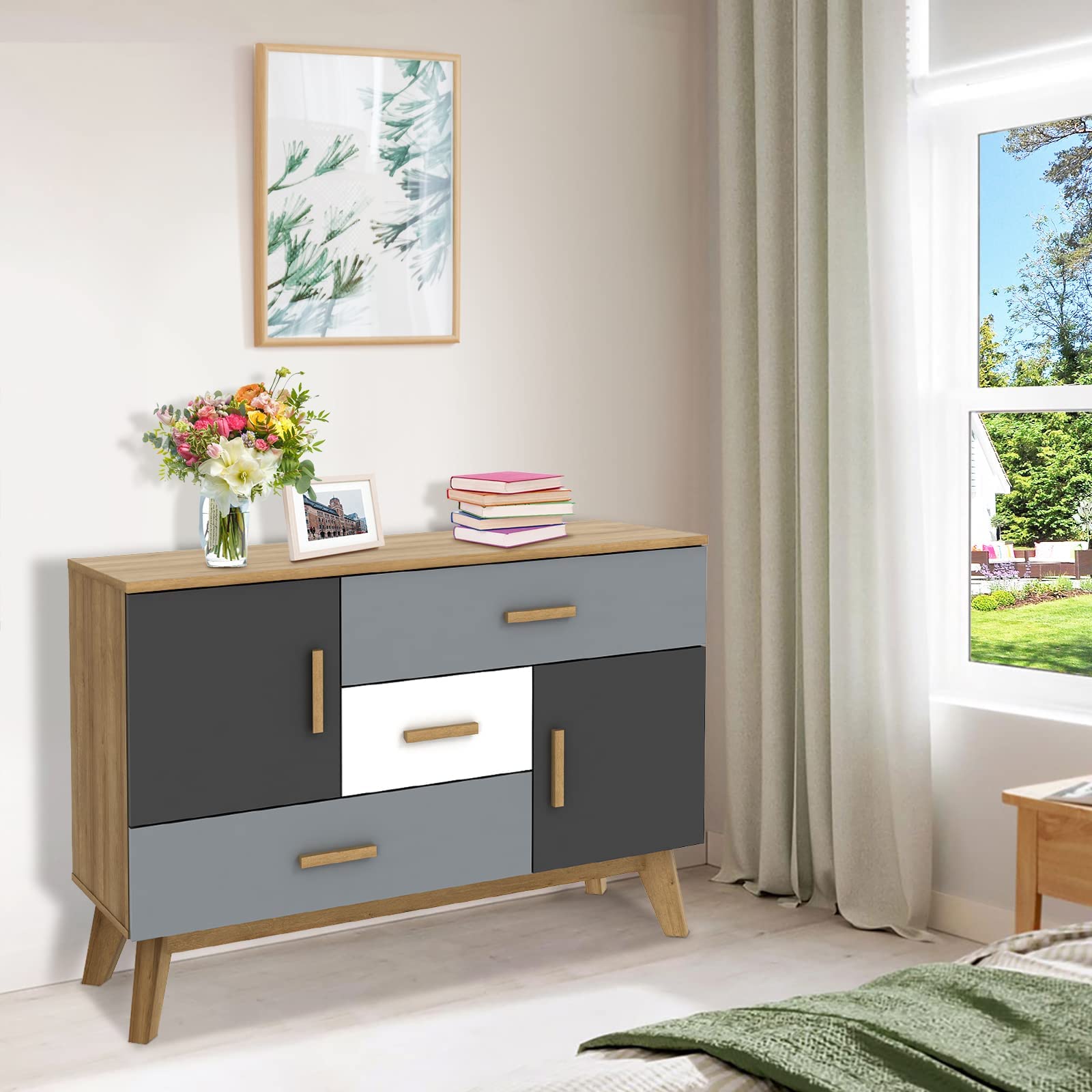 Giantex 47 Inch Free-Standing Floor Storage Cabinet with 2 Doors & 3 Drawers, Adjustable Shelf - Multifunctional Accent Dresser for Living Room, Entryway, Kitchen | Perfect for Home Organization, Bedroom Storage & Dining Room Sideboard