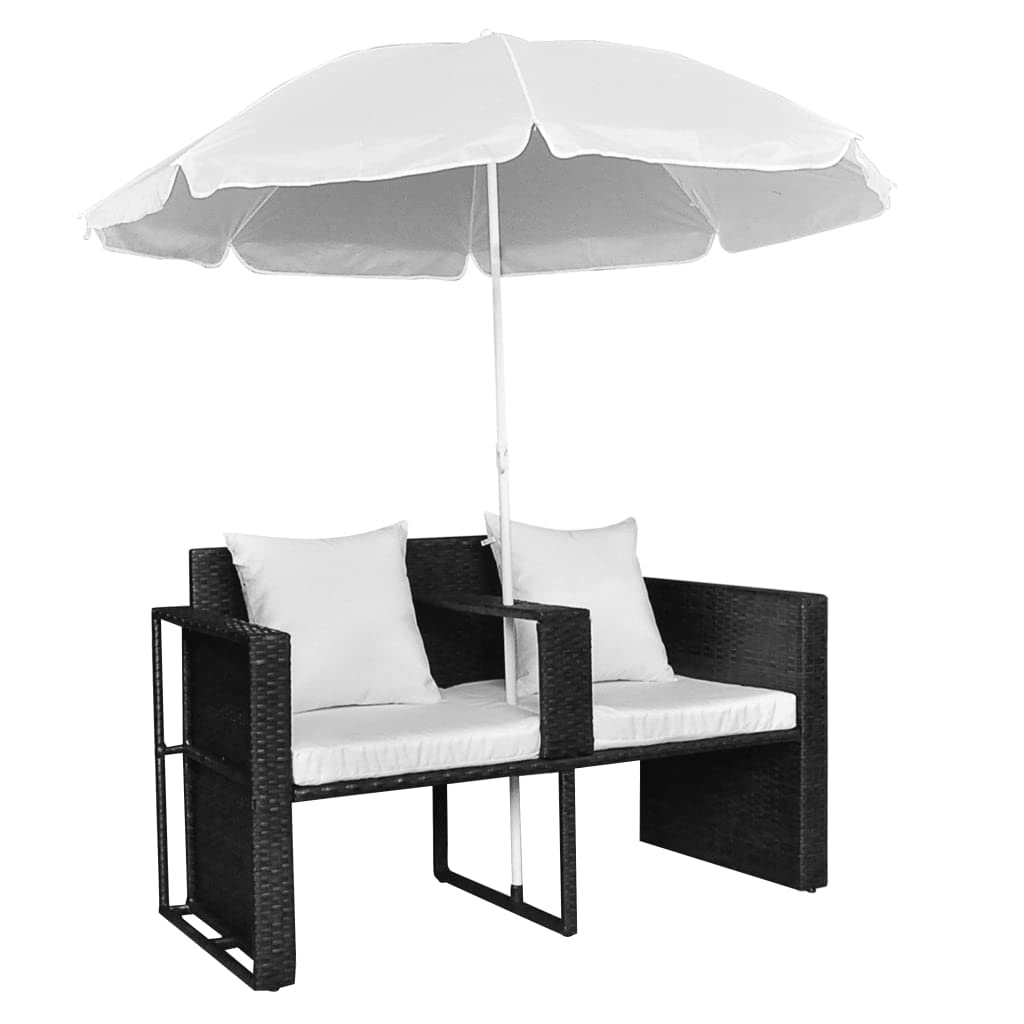 SKM Black Poly Rattan Patio Bed with Parasol - Perfect for Outdoor Lounging, Poolside Relaxation, and Garden Sunbathing