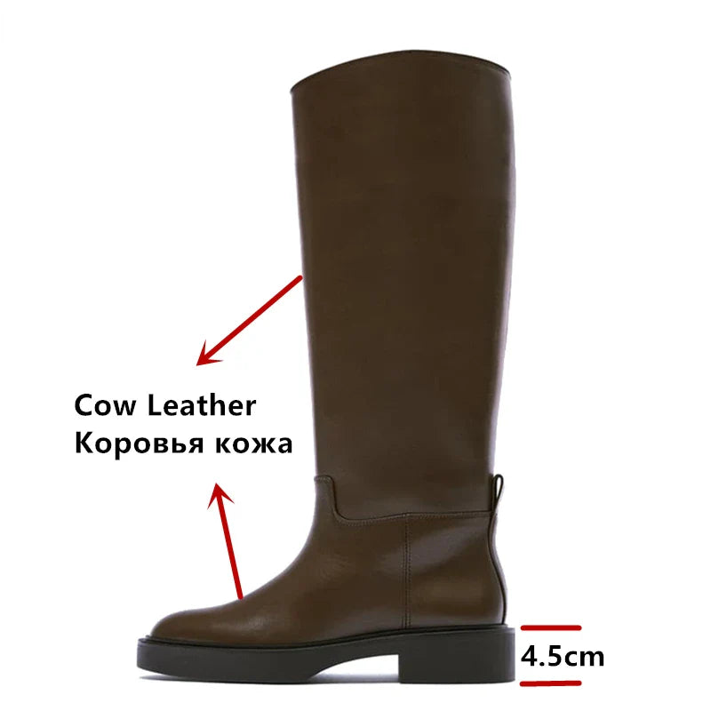 FEDONAS Women's Genuine Leather Knee High Boots with Thick Heel - Warm Winter Riding Boots for Autumn & Winter - Perfect for Motorcycle Riding, Office Wear & Cold Weather Fashion