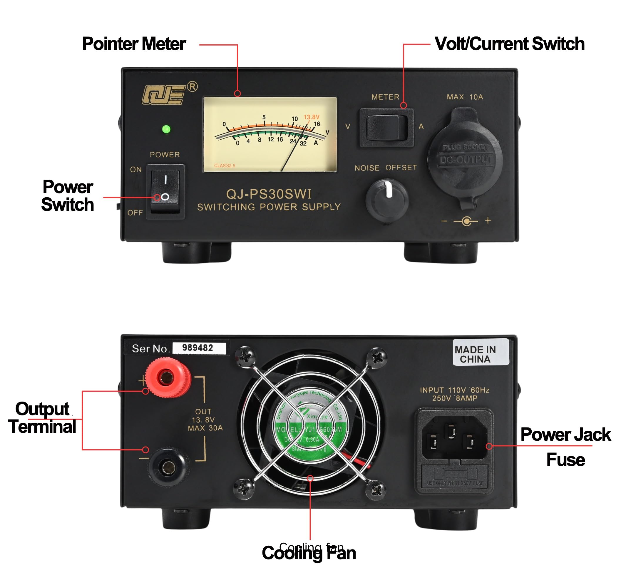 13.8V 30A Regulated DC Power Supply for Ham Radio - Adjustable Switching Bench Power with Cigarette Lighter Socket & Noise Control | Perfect for CB, VHF, UHF, Amateur Radio & Mobile Electronics Testing