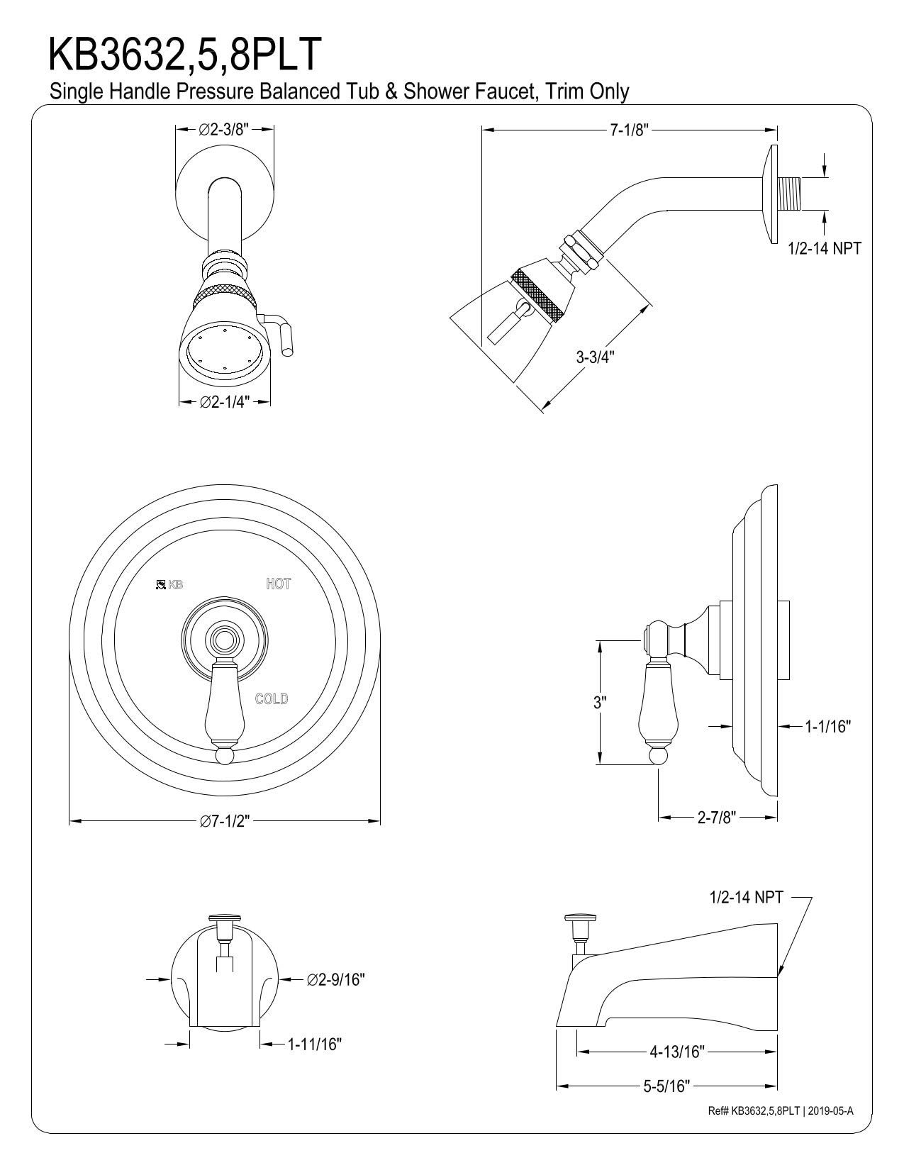 Kingston Brass KB3635PLT Oil Rubbed Bronze Tub and Shower Trim Kit - 7.5 x 7.5 x 7.13 Inches - Perfect for Bathroom Renovation & Modern Shower Upgrades