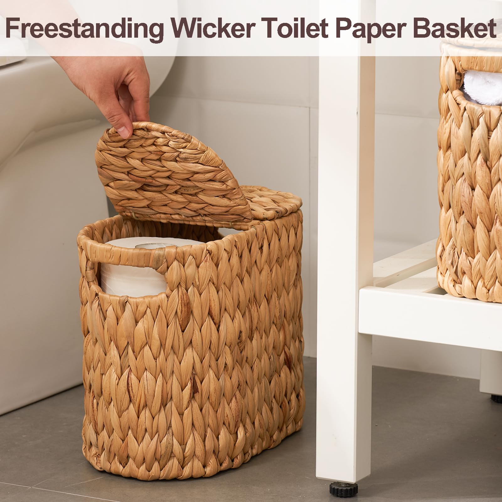 FairyHaus Natural Water Hyacinth Woven Toilet Paper Storage Basket with Lid & Handles - Holds 4 Rolls - Bathroom Organizer for Toilet Paper Holder, Tissue Storage - Perfect for Bathroom, Powder Room or Guest Bath Decor