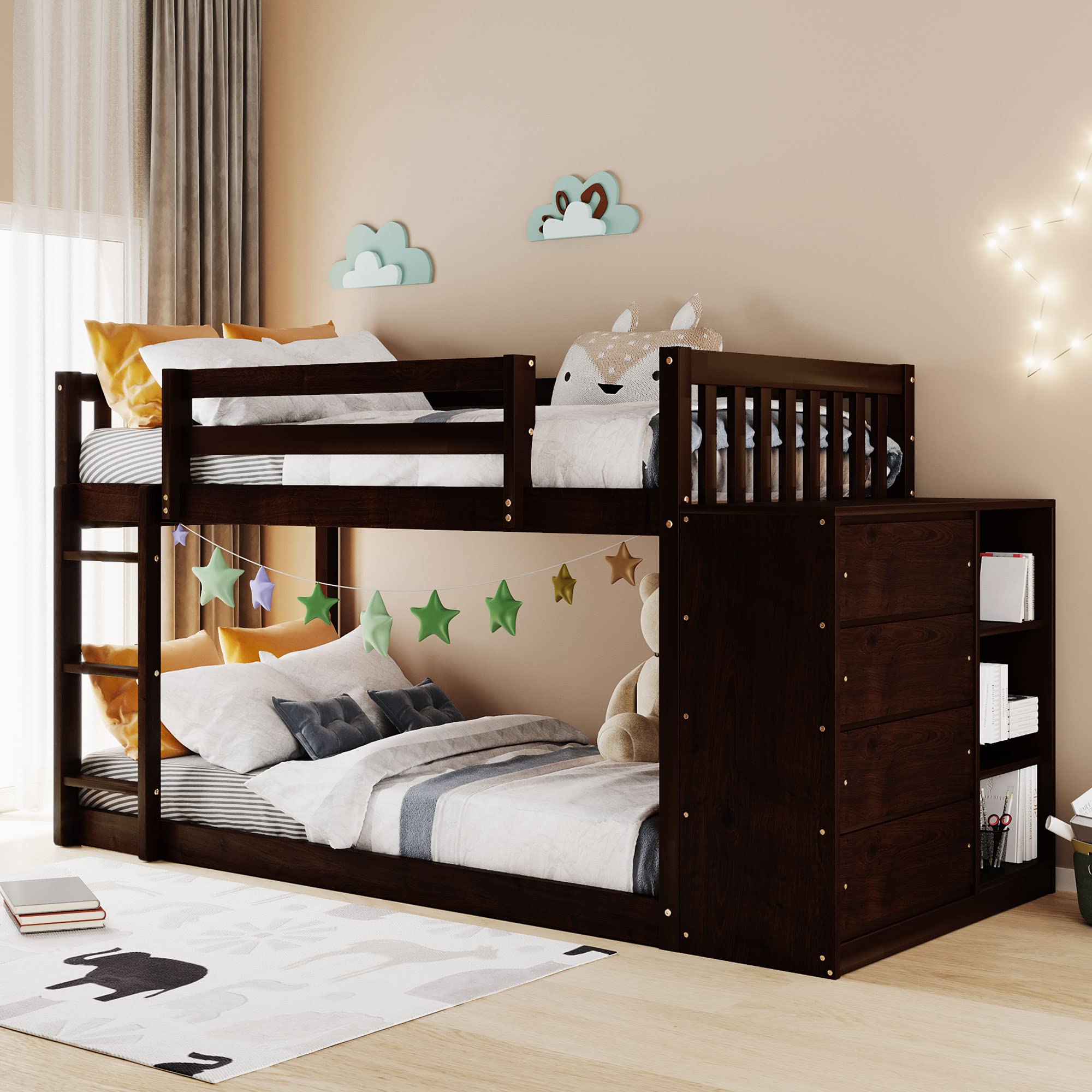 Harper & Bright Designs Twin Over Twin Bunk Bed with Storage - Wooden Loft Bed with 4 Drawers & 3 Shelves - Space-Saving Kids Bunk Bed for Boys, Girls, Teens & Adults - Perfect for Small Bedrooms, Guest Rooms & Dormitories (Espresso)