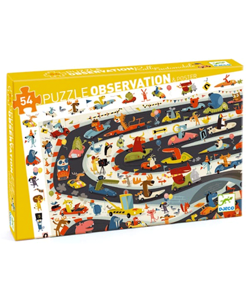 54-Piece Car Rally Observation Puzzle by Djeco - Fun Educational Toy for Kids' Memory & Concentration Training - Perfect for Family Game Nights & Travel Activities