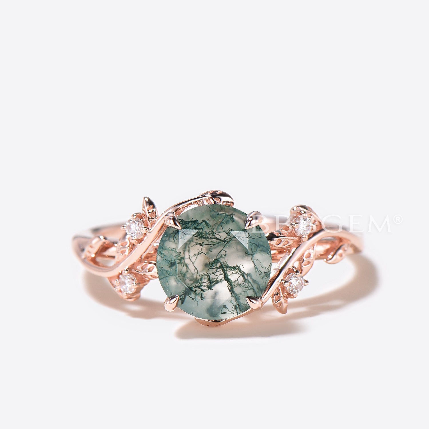 Twig Leaf Moss Agate Engagement Ring - Nature Inspired Wedding Band with Diamond Accents | Perfect for Outdoor Weddings & Nature-Themed Proposals