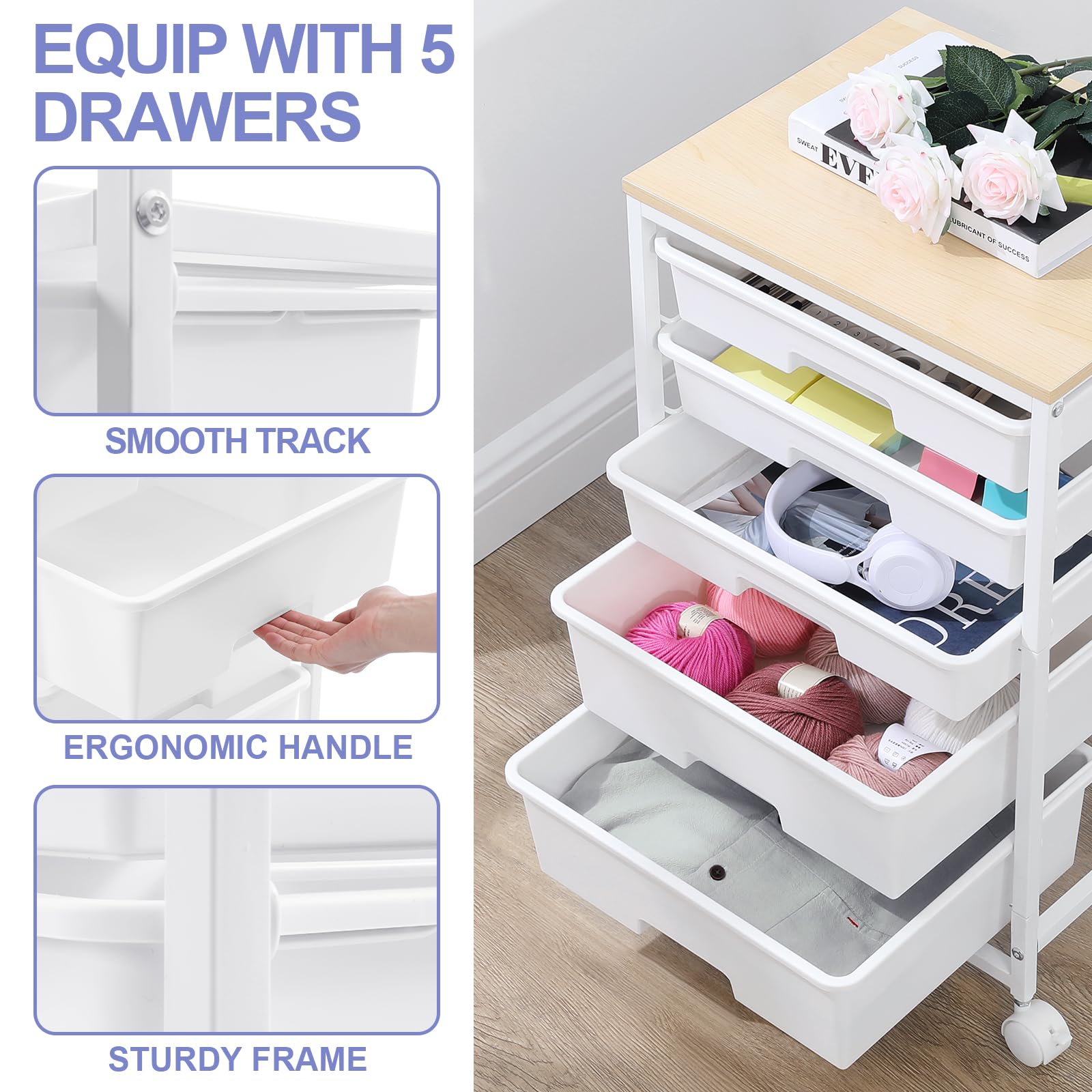 5-Tier Rolling Utility Cart with 5 Drawers & Lockable Wheels - Wooden Tabletop Storage Trolley for Crafts, Office, or Kitchen Organization - Bright White Mobile Workstation for Home, Workshop & DIY Projects