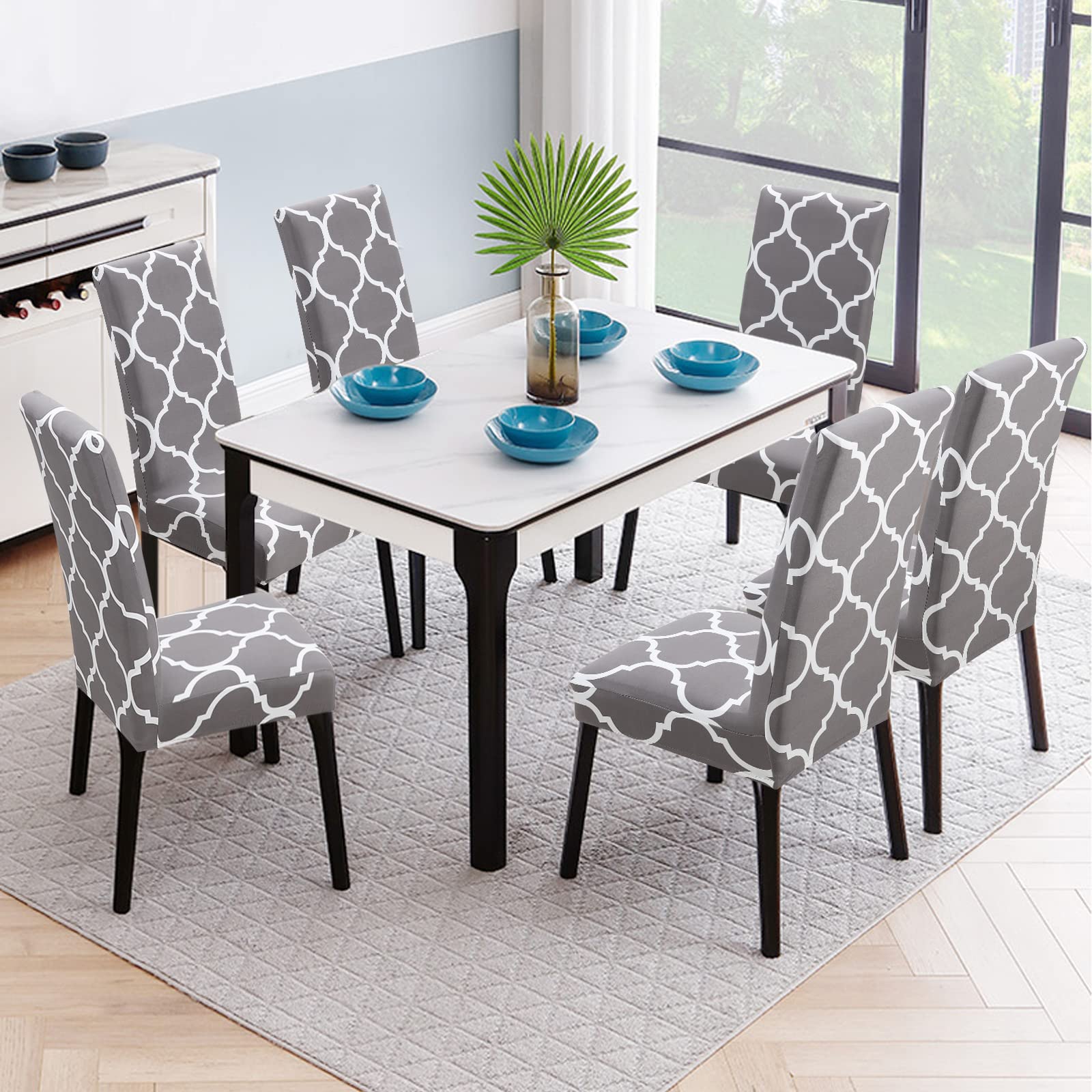 Stretch Spandex Dining Chair Covers - Washable & Removable Parson Chair Slipcovers for Kitchen, Dining Room & Office - Set of 4 (Gray/White) - Perfect for Home Decor, Party & Event Protection