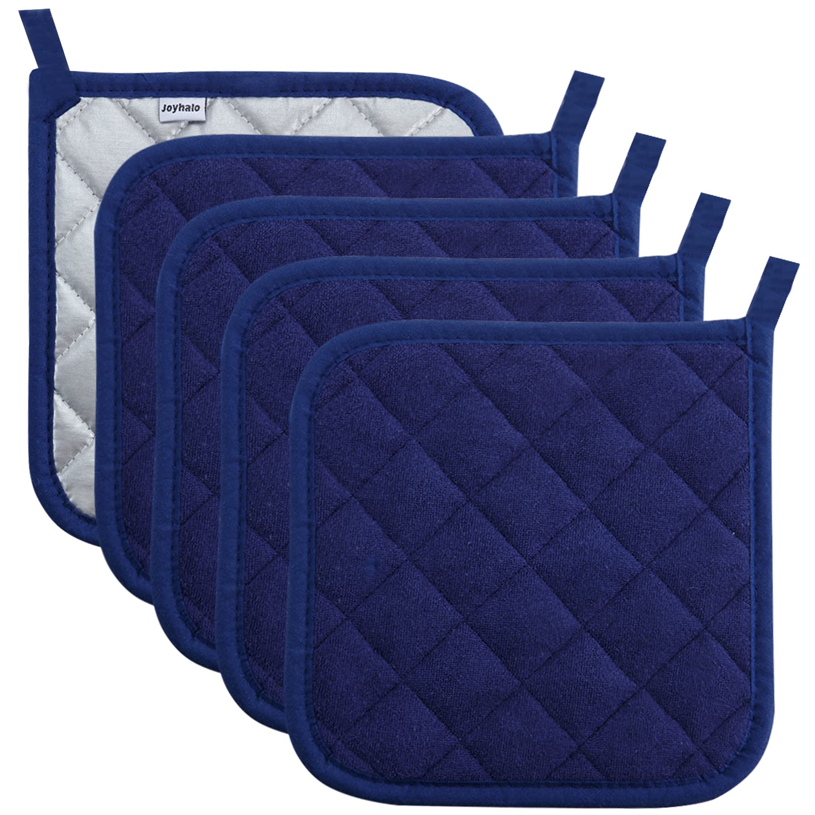 Heat Resistant Pot Holders Set of 5 - Dark Blue Kitchen Potholders for Cooking, Baking & Grilling - Oven Mitts & Hot Pads for Stove, BBQ & Countertop Protection