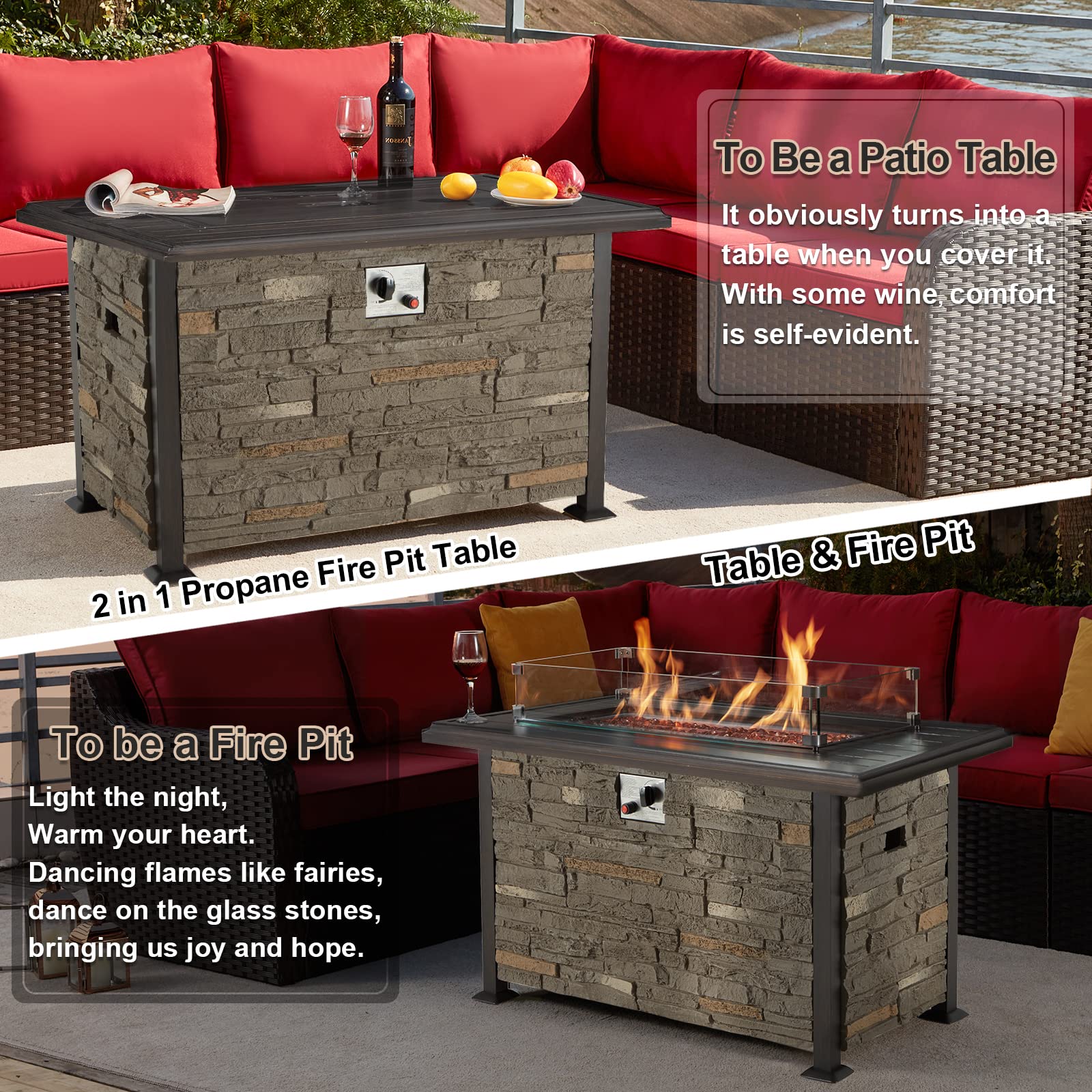 Vicluke 44 Inch Outdoor Propane Fire Pit Table with Faux Ledgestone & Hand-Painted Table Top - 50,000 BTU CSA Certified Fire Table with Wind Guard & Waterproof Cover - Perfect for Patio, Backyard, Christmas Decor (Gray)