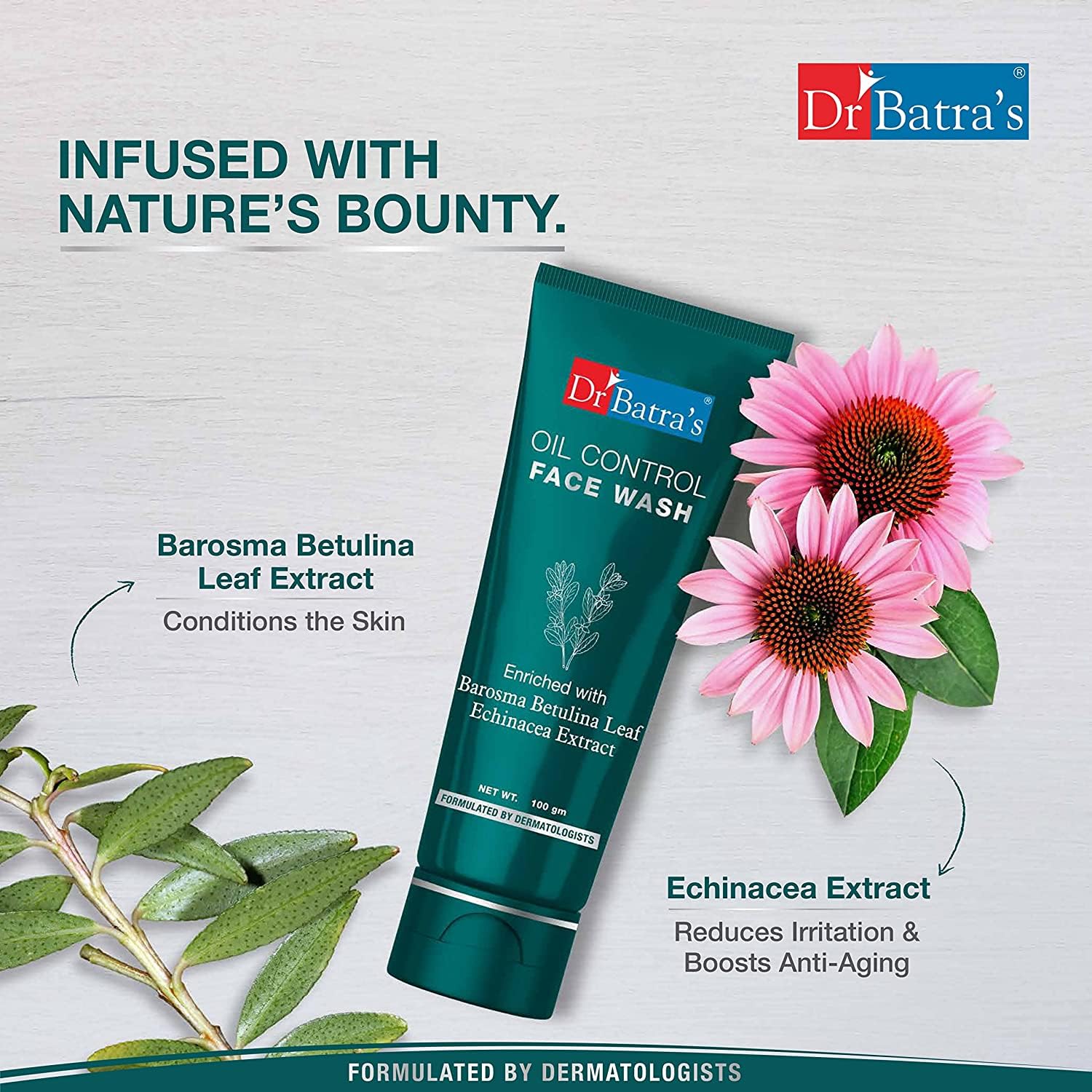 Dr Batra's Oil Control Face Wash - Sulphate, Silicone & Soap Free with Barosma Betulina & Echinacea Extract for Oily & Clear Skin (100g) - Perfect for Daily Skincare Routine & Acne-Prone Skin