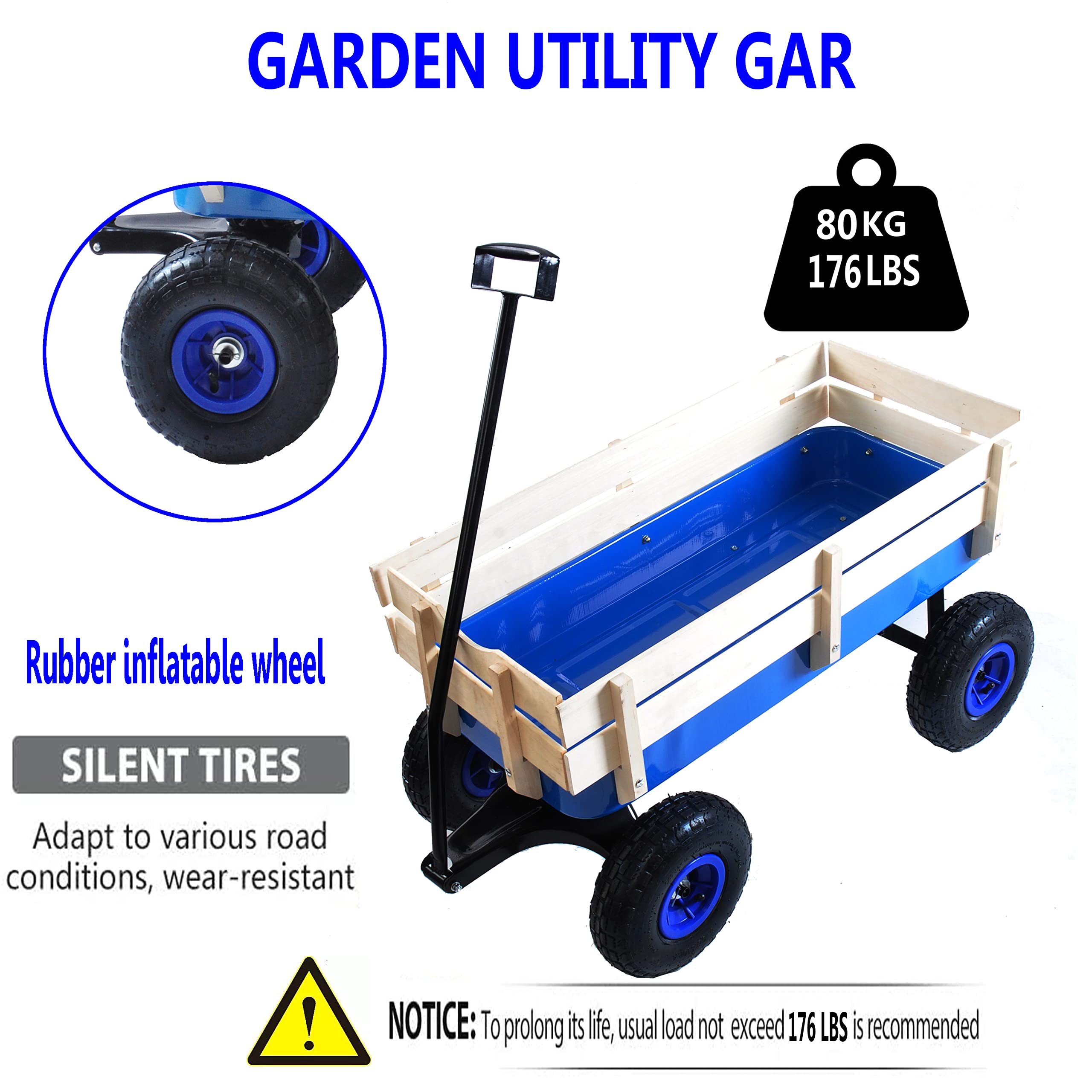 ZeHuoGe Heavy Duty All Terrain Utility Wagon with Removable Wooden Side Panels - Large Capacity Outdoor Pull Cart with Air Tires for Camping, Beach, Gardening, and Sports (Blue)