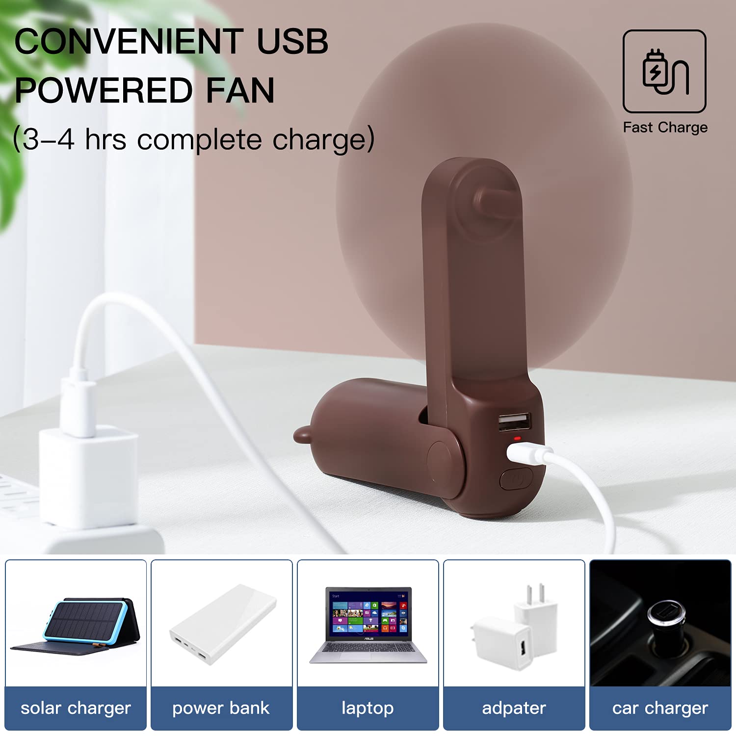 JISULIFE Portable Handheld Fan with 4500mAh Power Bank | 13-46 Hours Runtime | 3-Speed Rechargeable Folding Mini Fan | Enhanced Airflow & Quiet Operation | Perfect for Home, Office, Travel, Camping & Outdoor Activities - Brown