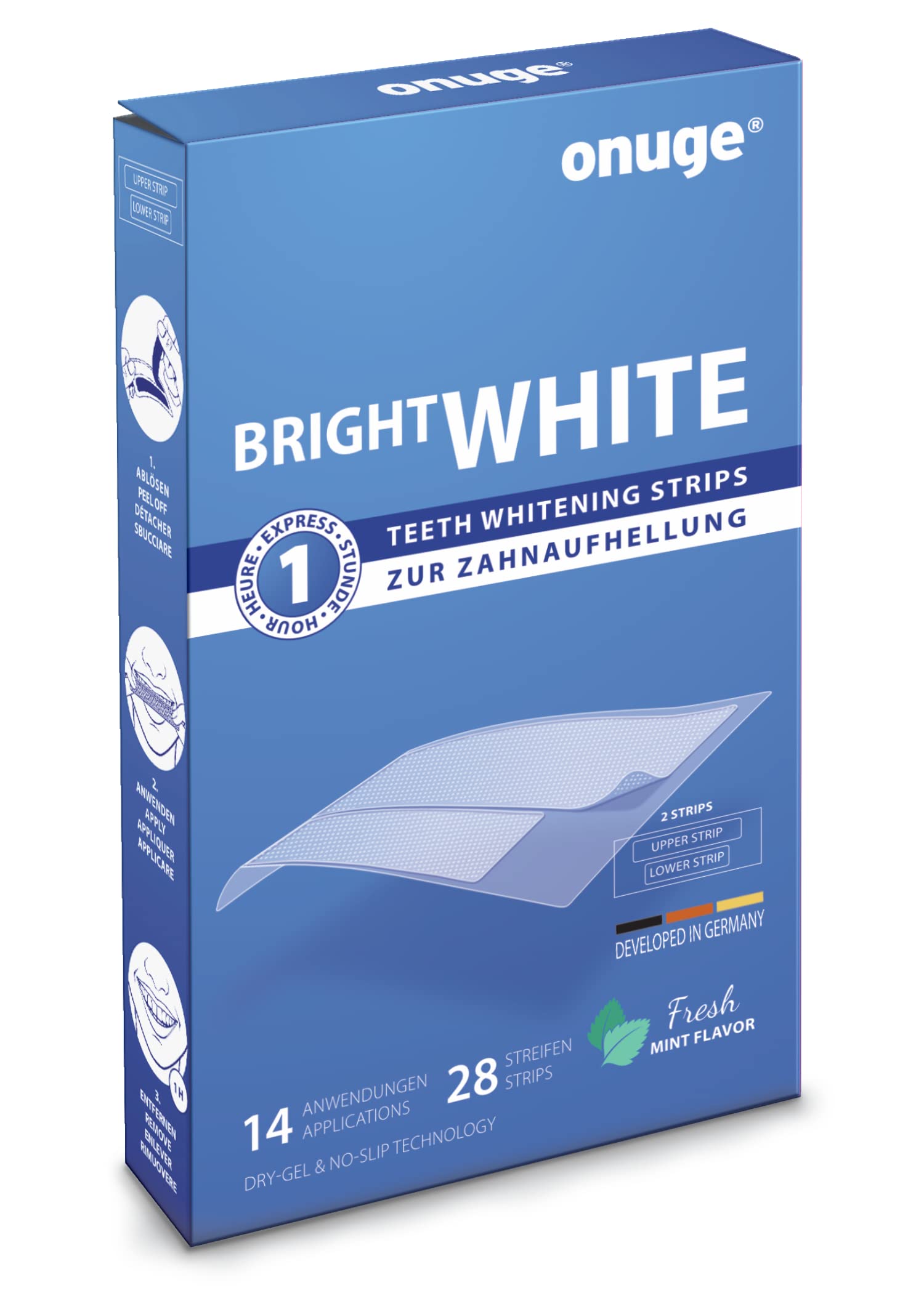 Onuge Bright White Teeth Whitening Strips - Peroxide-Free for Sensitive Teeth - 28 Strips (14 Day Treatment) - Professional Dental Care for Home Use - Perfect for Weddings, Job Interviews & Special Occasions