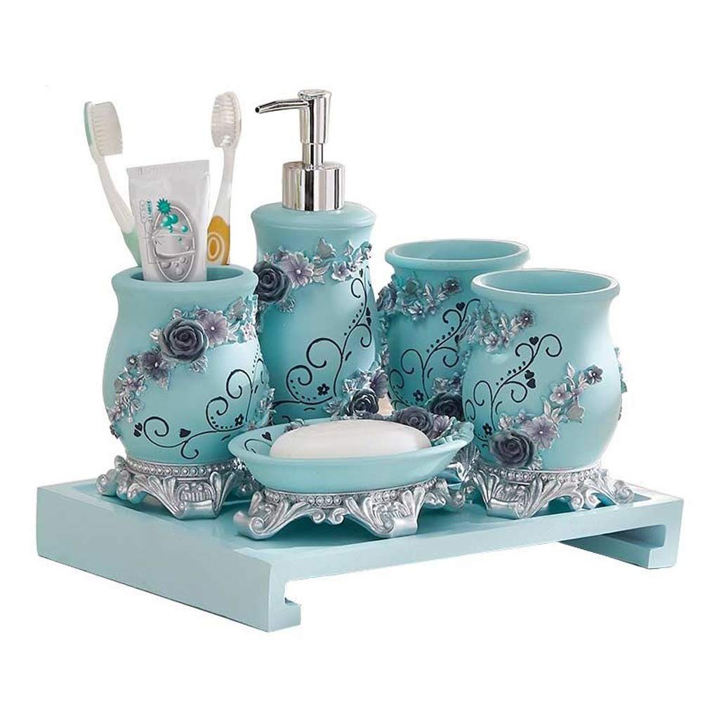 6-Piece Bathroom Soap Dispenser Set - Decorative Carved Soap Box, Lotion Bottle, Toothbrush Cup & Tray Combo for Bathroom & Kitchen (Blue) | Perfect for Home Organization & Stylish Washroom Decor