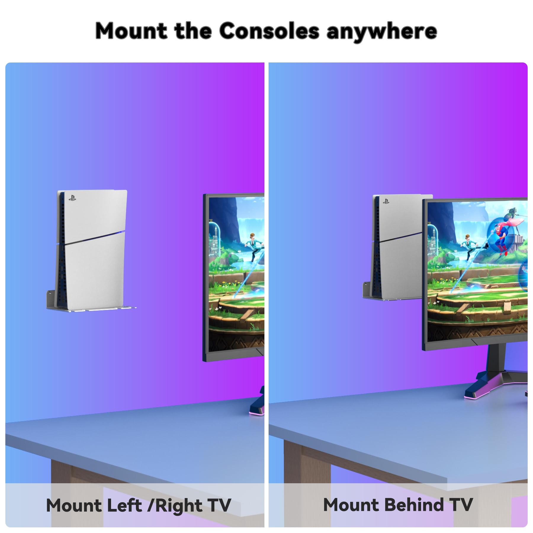 PS5 Slim/Pro/Original Wall Mount Kit - Aluminum Space-Saving Wall Stand for All PS5 Models & Controllers | Enhanced Heat Dissipation | Silver Finish | Perfect for Gaming Rooms & Small Spaces