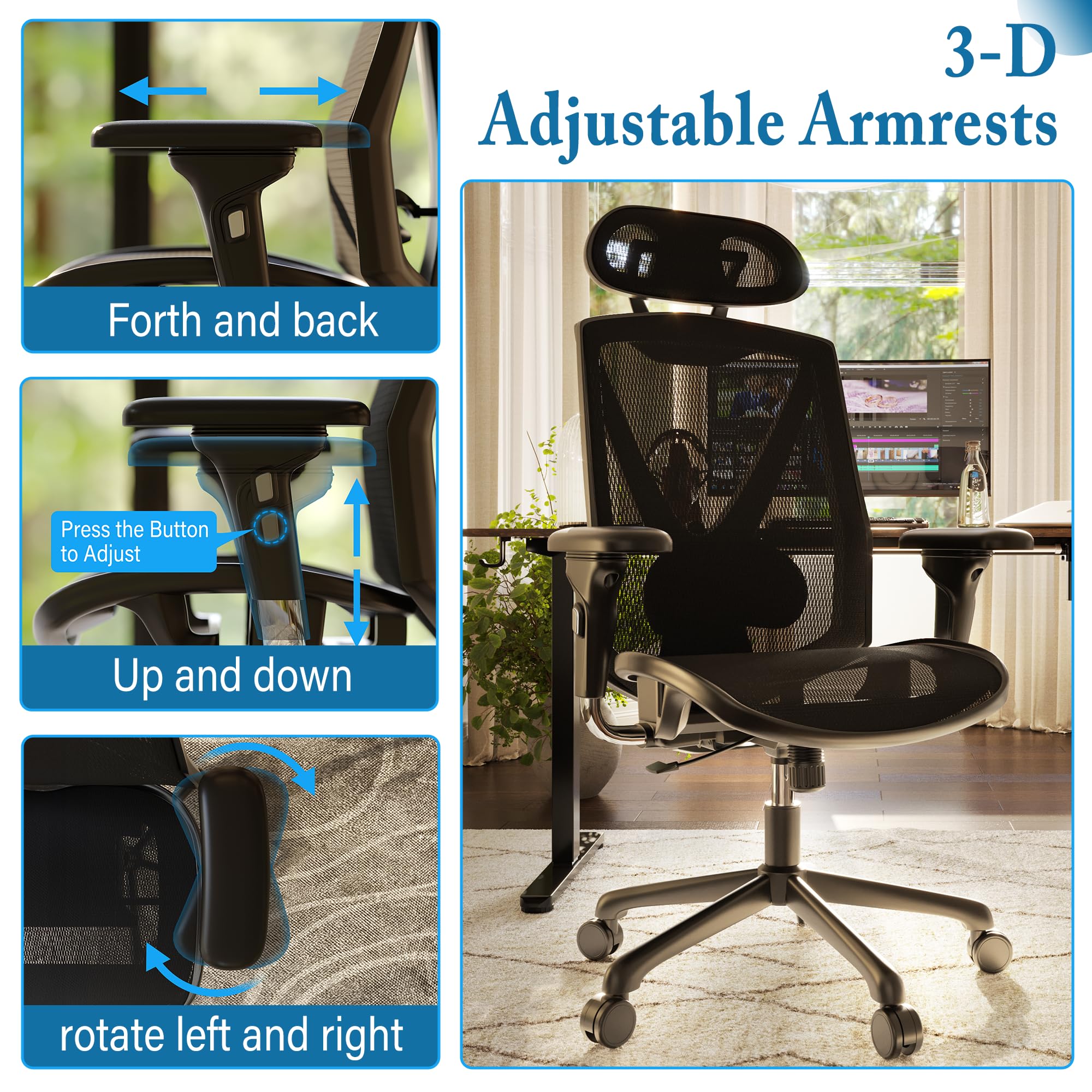 Ergonomic Office Chair - High Back Swivel Computer Gaming Desk Chair with Adjustable Armrests & Lumbar Support, Breathable Mesh Backrest, 3-Gear Tilt - Perfect for Home Office, Gaming Setup & Workspace Comfort