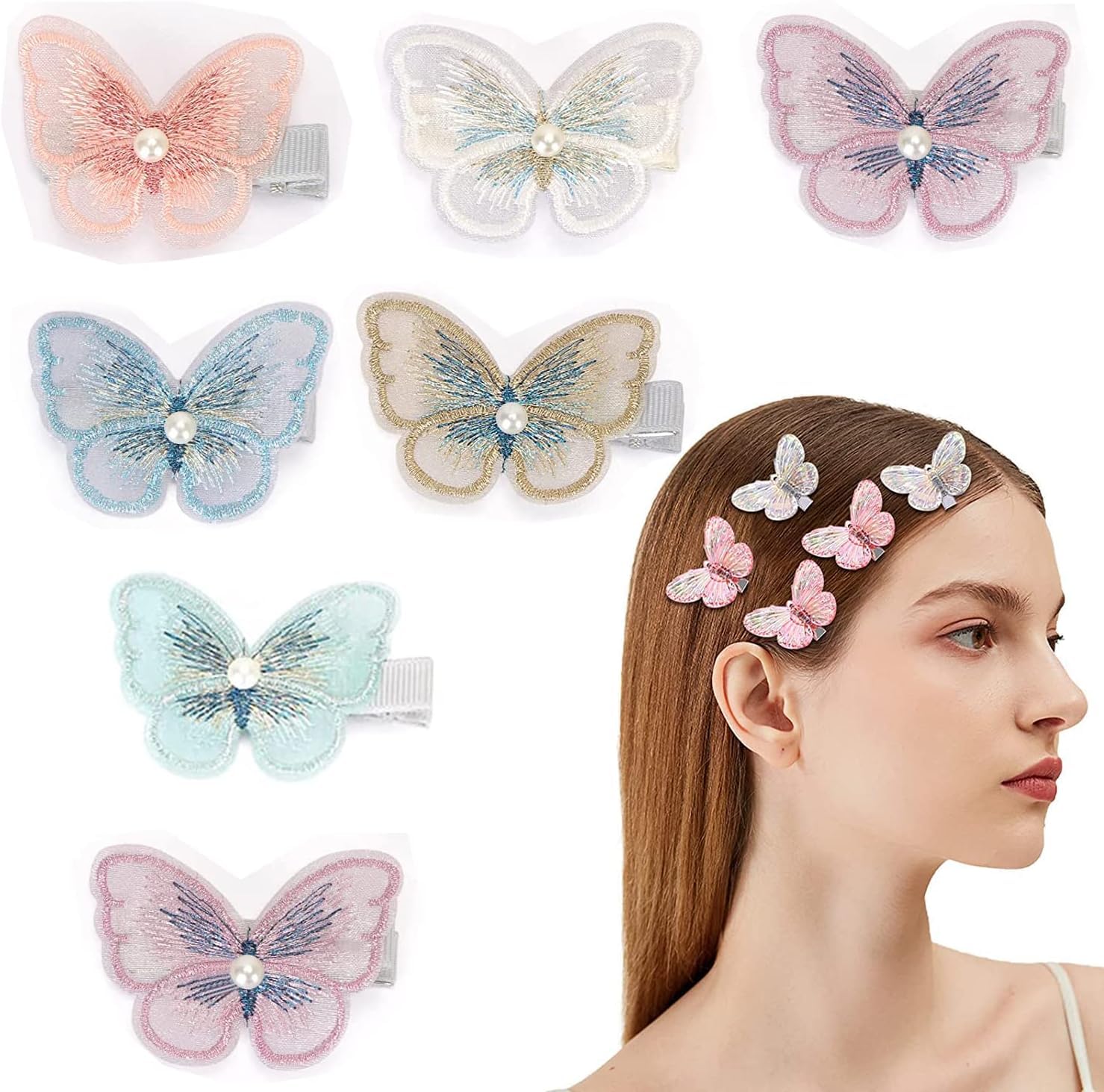 6PCS Butterfly Hair Clips - Lace Flower Barrettes for Women & Girls - Wedding & Party Accessories