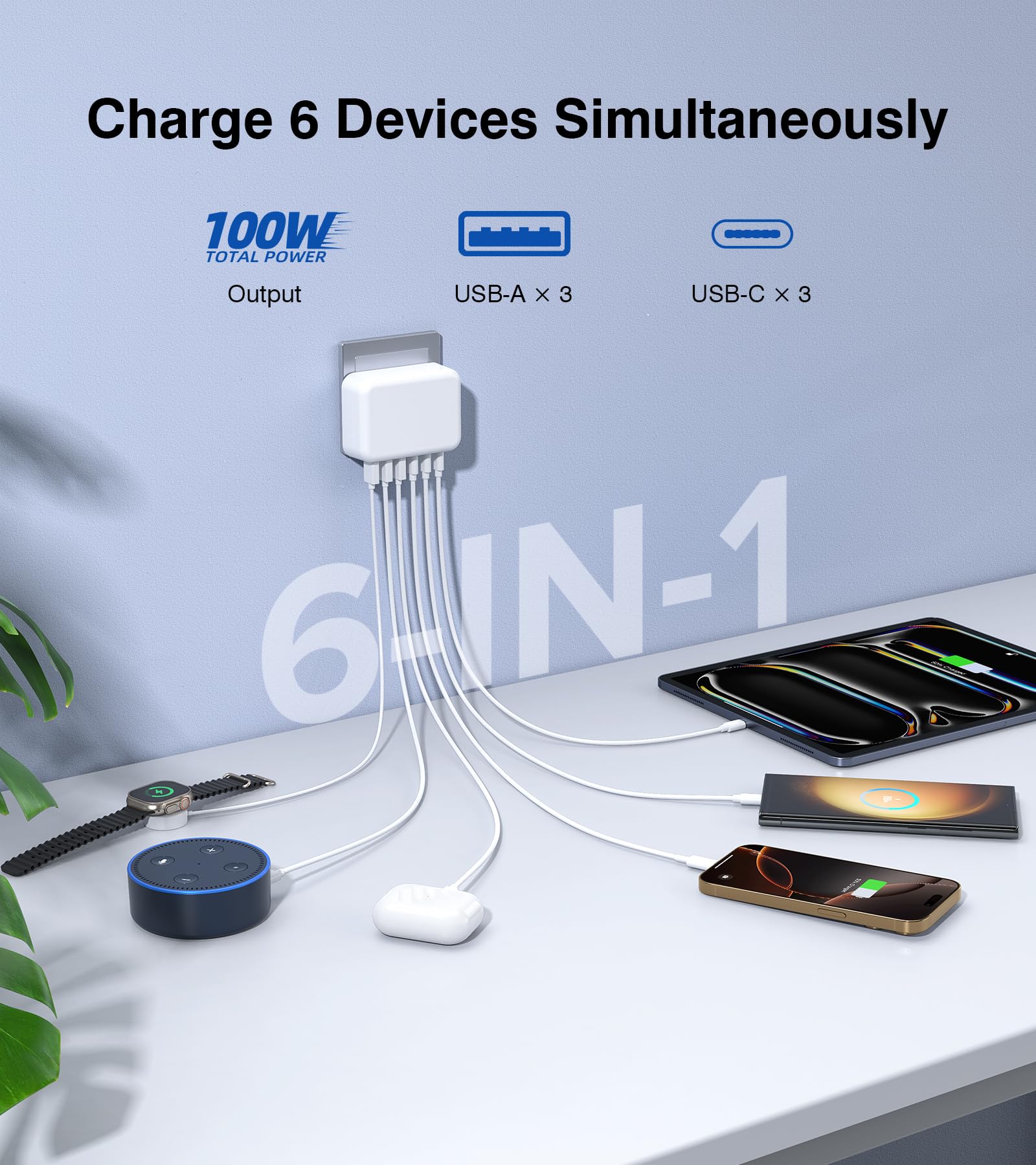 100W 6-Port USB C Wall Charger with PD & QC - Fast Charging Block for iPhone 16/15/14/13/12/11 Pro Max/XR/XS/8/7, Samsung Galaxy - Compact Multi-Port Charging Station for Home, Office & Travel