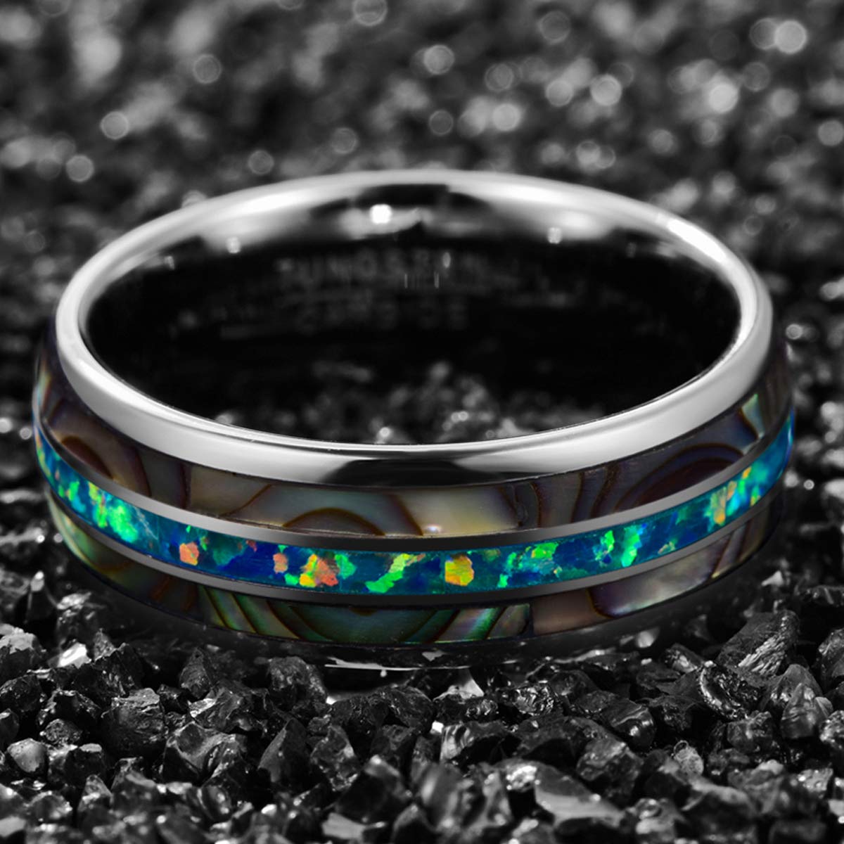 Men's Tungsten Wedding Band Ring - 8mm Comfort Fit with Genuine Blue/Green Opal & Abalone Shell - Size 7-12 - Perfect for Engagement, Anniversary & Everyday Wear