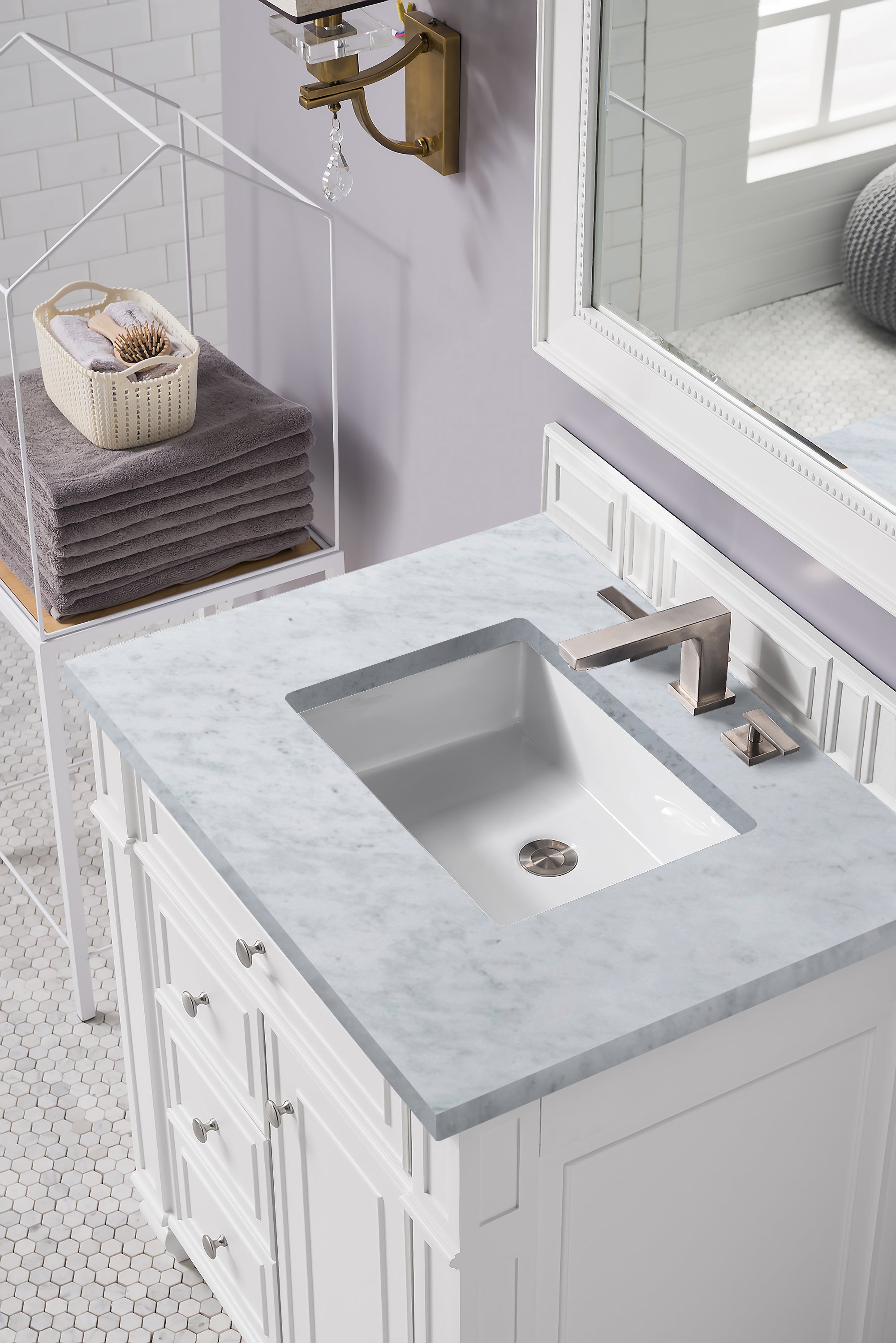 Bristol 30 Inch Single Bathroom Vanity Set with 3CM Carrara Marble Top in Bright White - Perfect for Modern Home Bathroom Renovation and Small Space Design