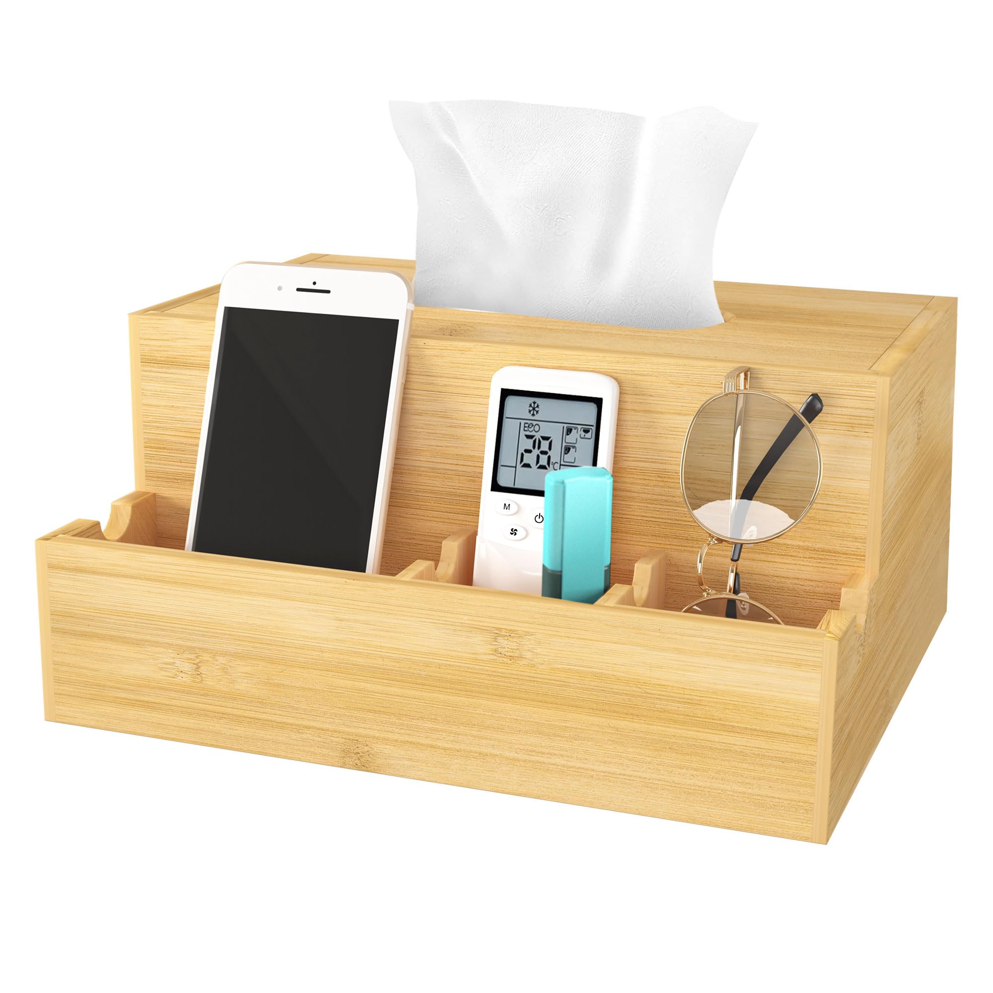Bamboo Tissue Box Cover - Rectangular Nightstand & Desk Organizer, Multifunctional Makeup Storage Box for Women - Perfect for Bedroom, Bathroom & Office Decor