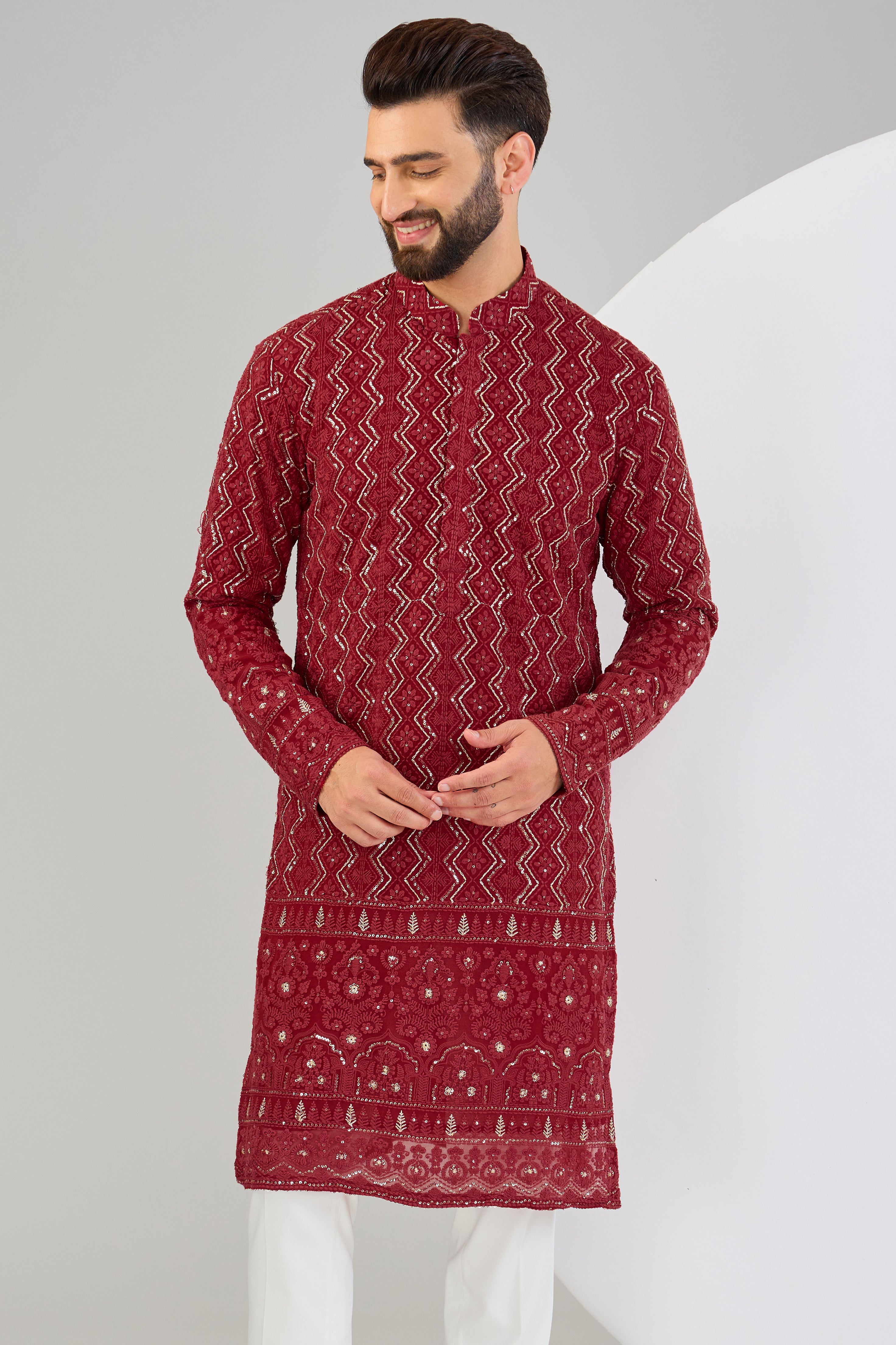 Exquisite Red Chikankari Kurta with Intricate Sequin & Zari Embellishment - Elegant Indian Traditional Wear for Festivals, Weddings & Special Occasions