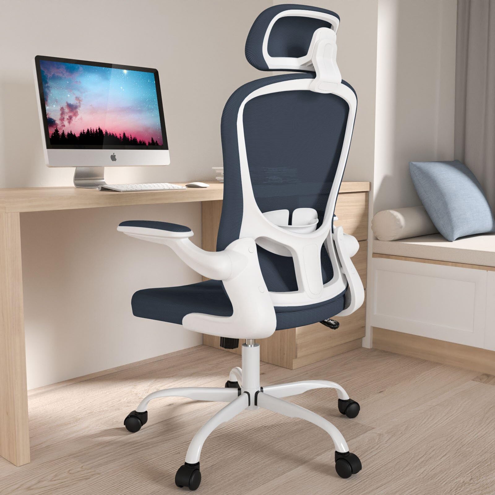Ergonomic High Back Office Chair with Adjustable Lumbar Support & Headrest - Breathable Mesh Task Chair, Swivel Executive Desk Chair with Flip-Up Armrests - Perfect for Home Office, Gaming & Workspaces