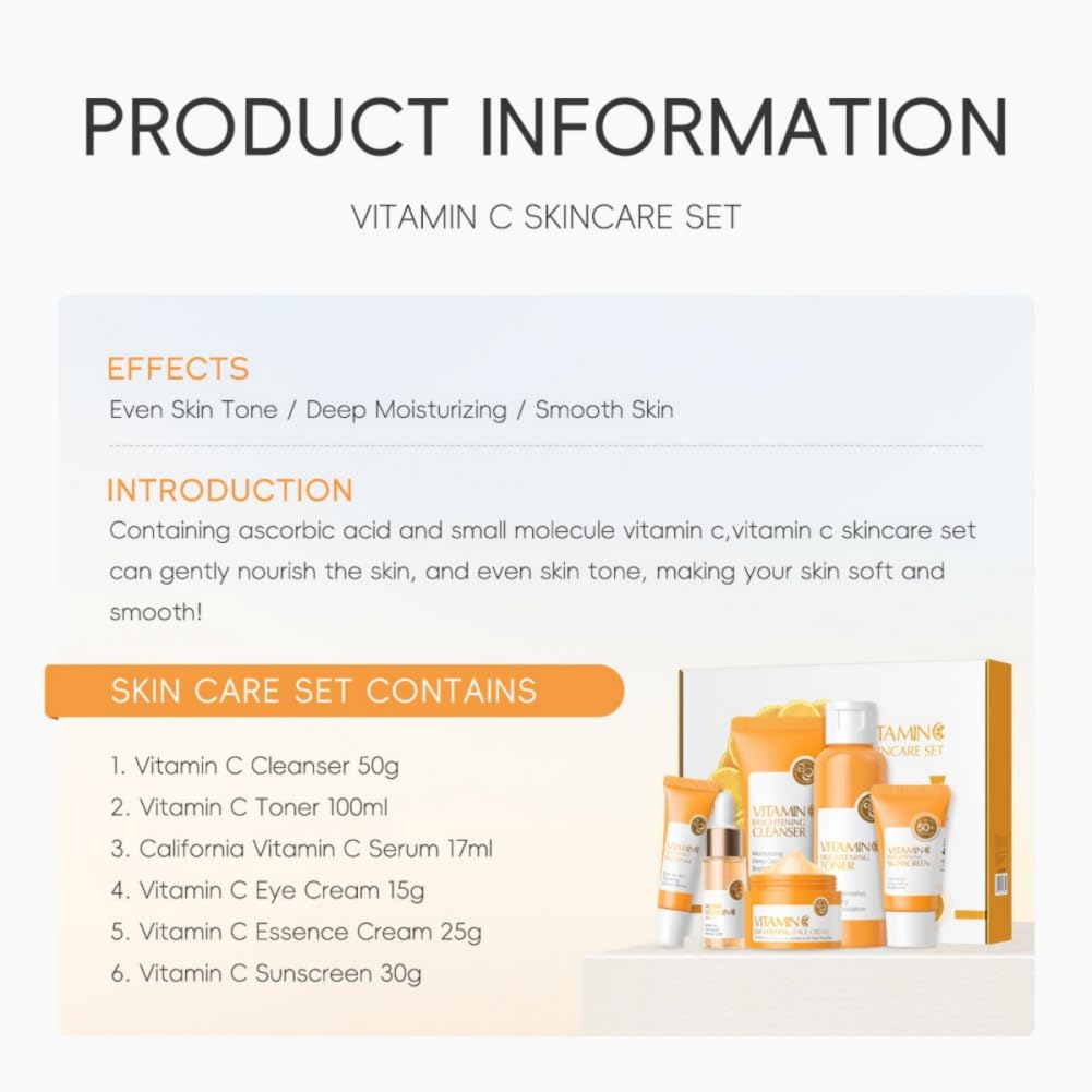 NAOLVE Vitamin C Skincare Set - 6 Piece Anti-Aging Kit with Cleanser, Toner, Serum, Eye Cream, Moisturizer & SPF Sunscreen - Brightening Facial Care Routine for Glowing Skin - Perfect Travel Skincare Gift Set for Women - Ideal for Daily Use, Morning & Night Routine