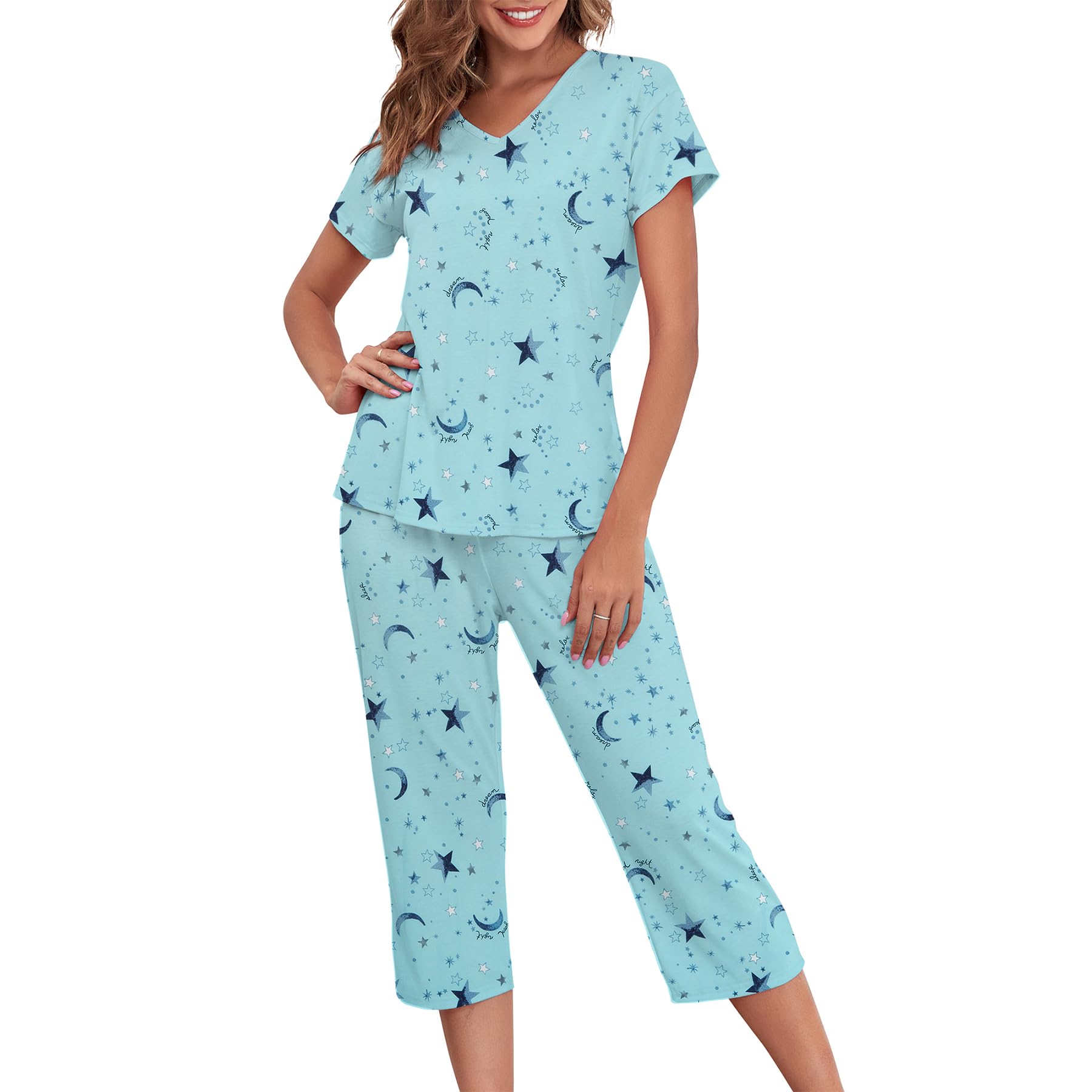 Zando Women's 2-Piece Pajama Set - Cartoon Print Lounge & Sleepwear with Pants & Capri - Soft Matching PJS for Comfortable Nights & Relaxing at Home