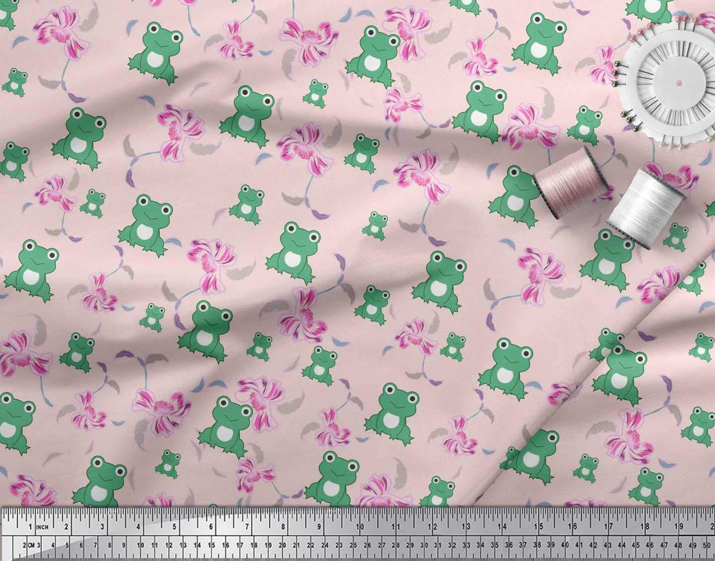 Soimoi Moss Georgette Brown Fabric by The Yard - 42 Inch Wide Floral & Frog Cartoon Print Fabric - Artistic Harmony Design for Dresses, Curtains & DIY Crafts