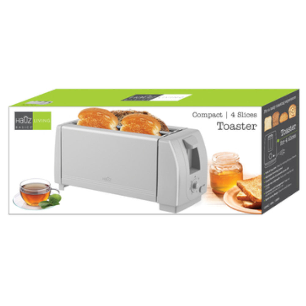 HAUZ ATS7154 4-Slice Toaster with Extra-Long Slots - Stainless Steel Grey - Perfect for Bagels, Thick Slices & Artisan Breads - Ideal for Kitchens, Breakfast Nooks & Small Spaces