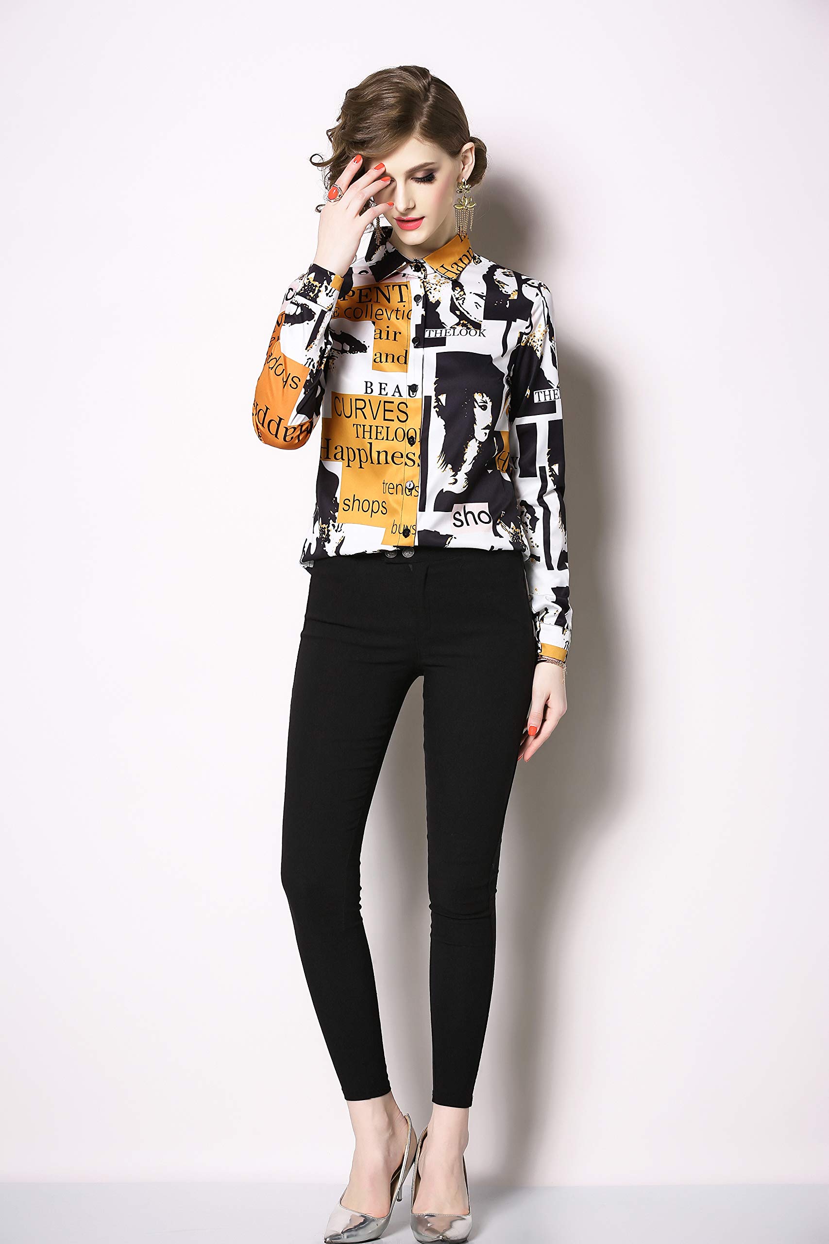 Women's Stylish Letter Print Long Sleeve Button-Up Blouse with Collar - Perfect for Office Wear, Casual Outfits & Everyday Fashion