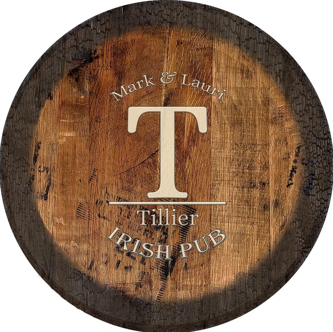 Personalized His & Hers Monogram Name Pub Wall Decor - Large Oak Whiskey Barrel Lid Sign - Rustic Home Bar Decor for Wedding, Anniversary & Man Cave