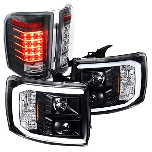 Spec-D Tuning LED Light Bar - Black Housing & Clear Lens Projector Headlights + Glossy Black LED Tail Lights for Chevrolet Silverado (Left & Right Pair) | Durable Headlamp Assembly for Off-Roading & Night Driving