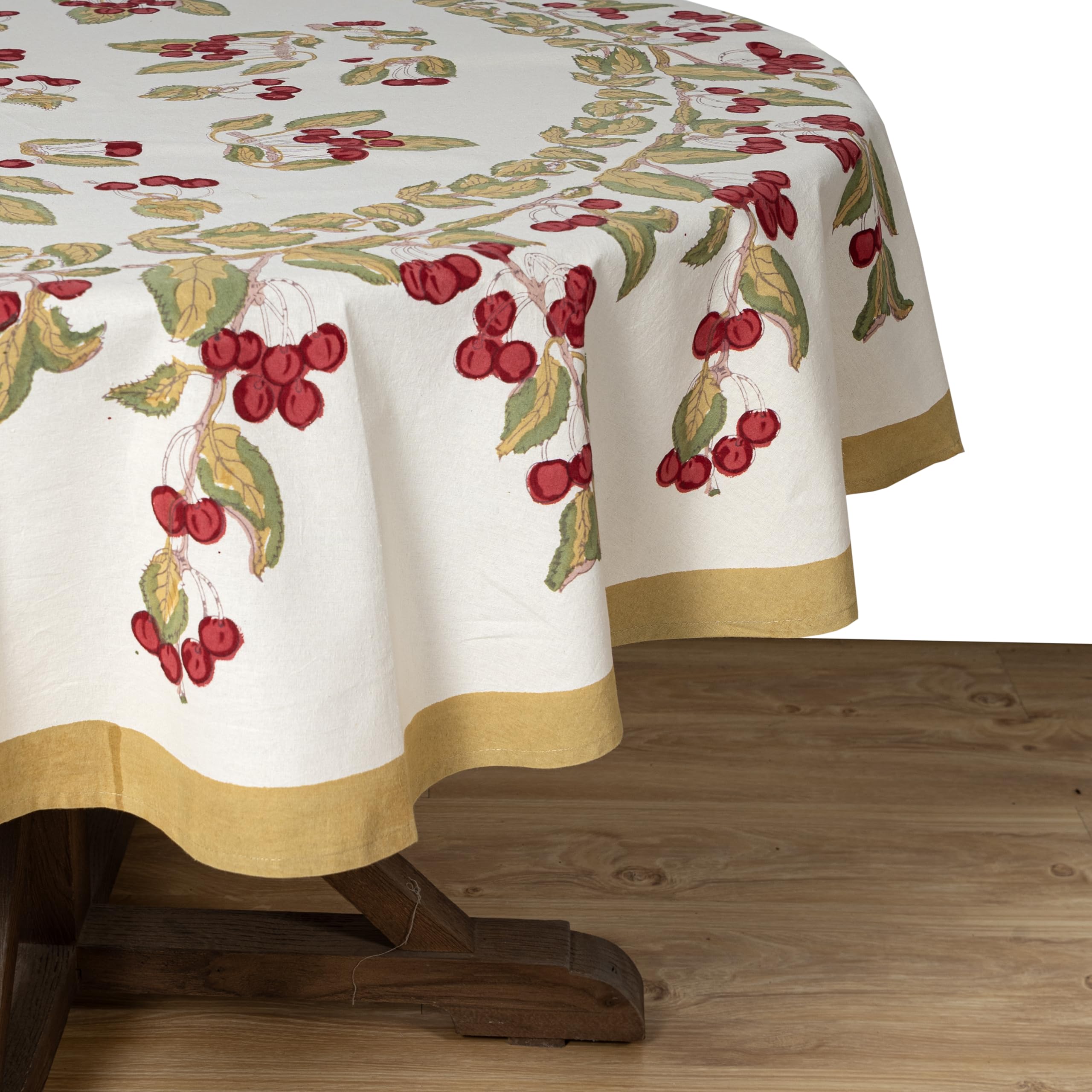 Round French Tablecloth by Couleur Nature - 70 Inch Cotton Cherry Red & Green Checkered Table Cover for Dining, Kitchen, and Outdoor Picnics