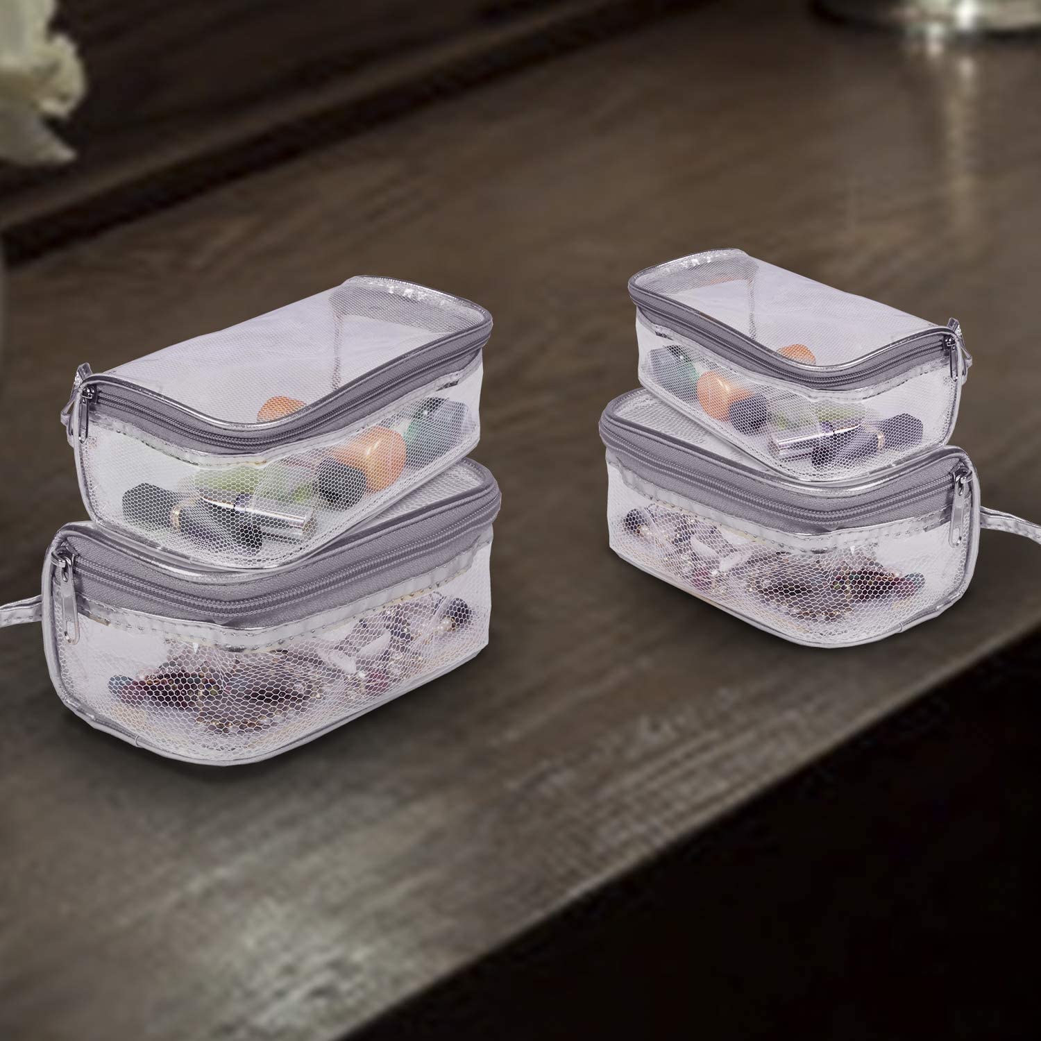 Transparent Cosmetic Pouch Set - 4 Travel Toiletry Bags for Makeup & Jewelry Storage (Silver)