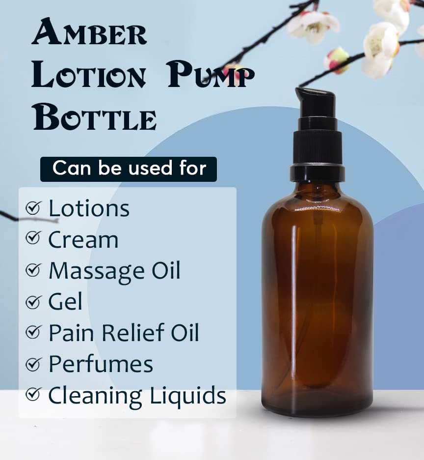 NSB Herbals 100ml Amber Round Empty Glass Bottle with Lotion Pump & Black Cap - Essential Oil Storage, DIY Skincare, Cosmetic Containers, Multipurpose Bottles (Pack of 3) - Perfect for Aromatherapy, Homemade Lotions & Travel-Sized Products